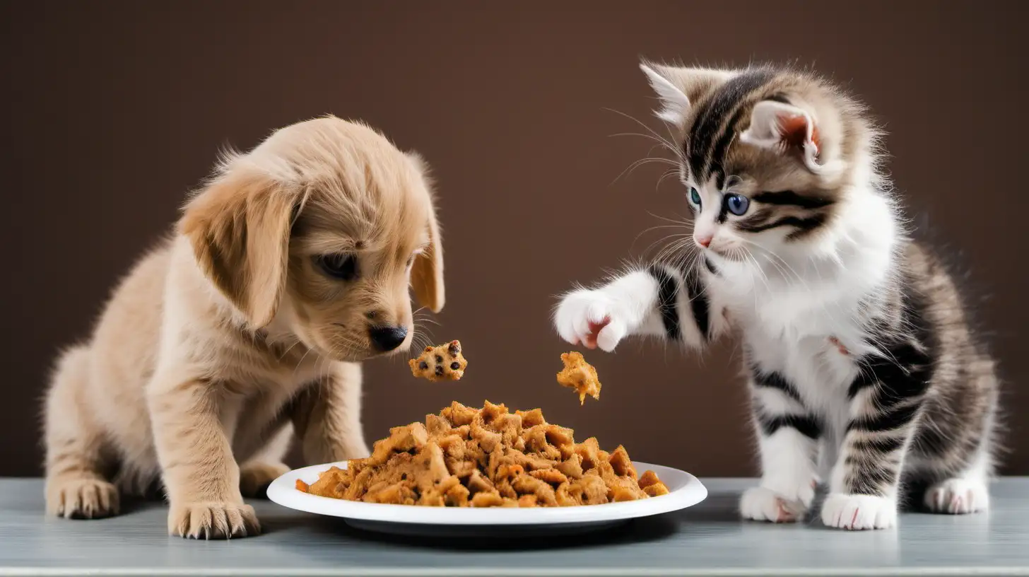 Adorable Puppy and Kitten Feasting Together on Table with Isolated Background