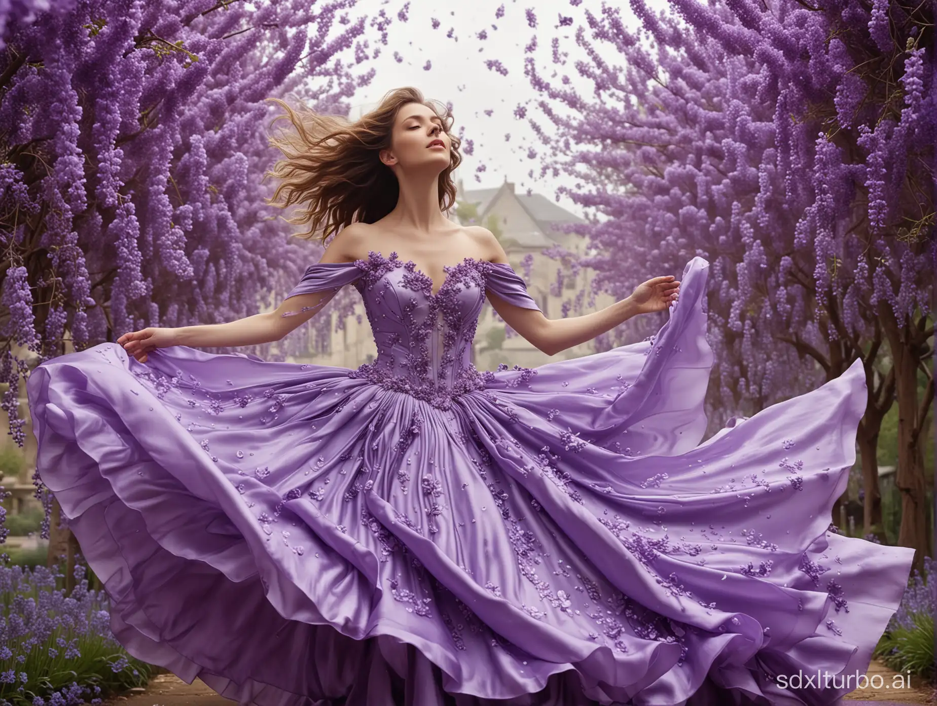 Petals drifting in the air, details, award-winning masterpiece, non-representational, expression of emotion, rich in imagination, highly detailed, highly detailed, a gown formed by the fusion of purple satin and petals, floating in mid-air, a female model in formal shots, lavender, wisteria, violets, blooming flowers and skirts