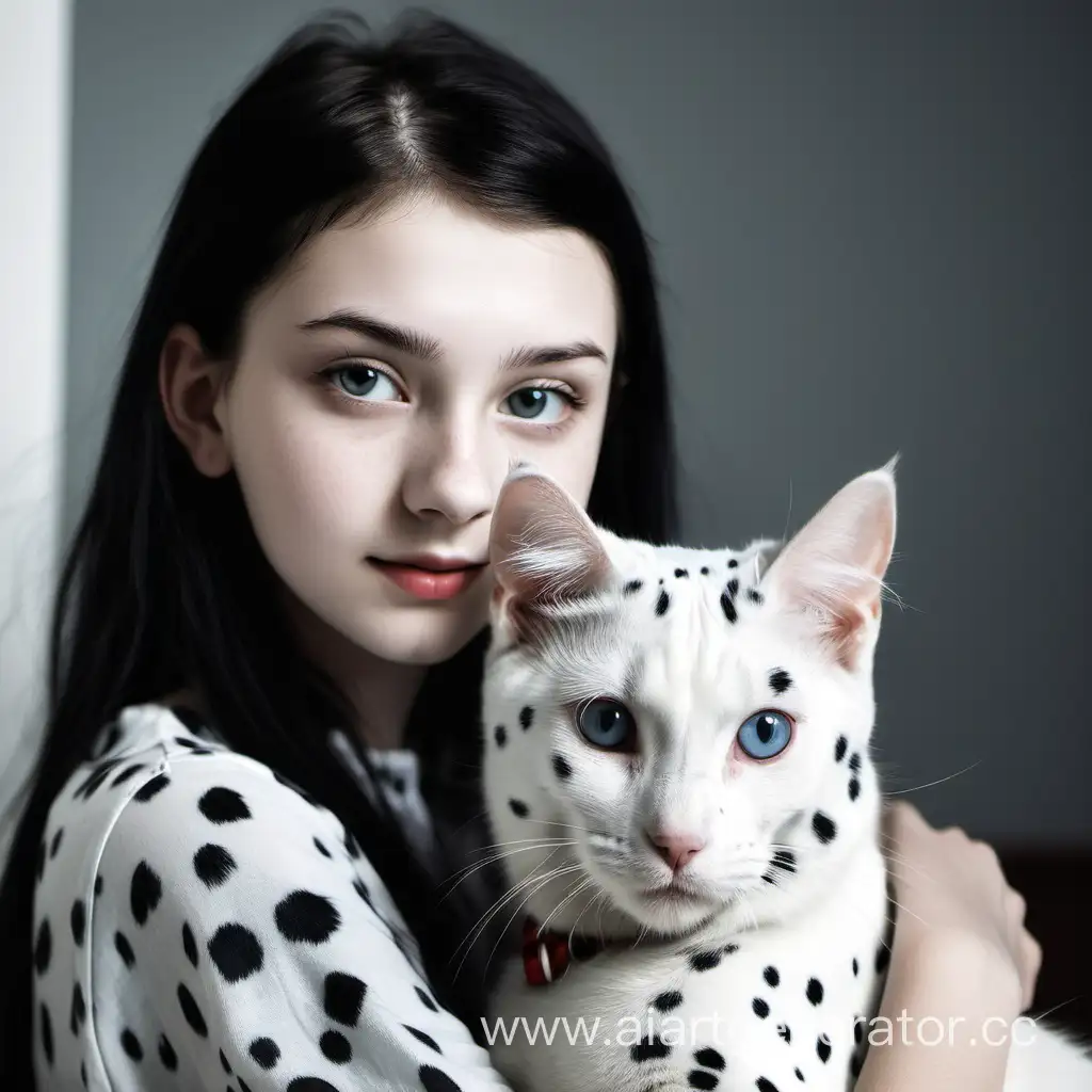 Красивая девочка 14 лет, белая кошка, черный кот , далматинец