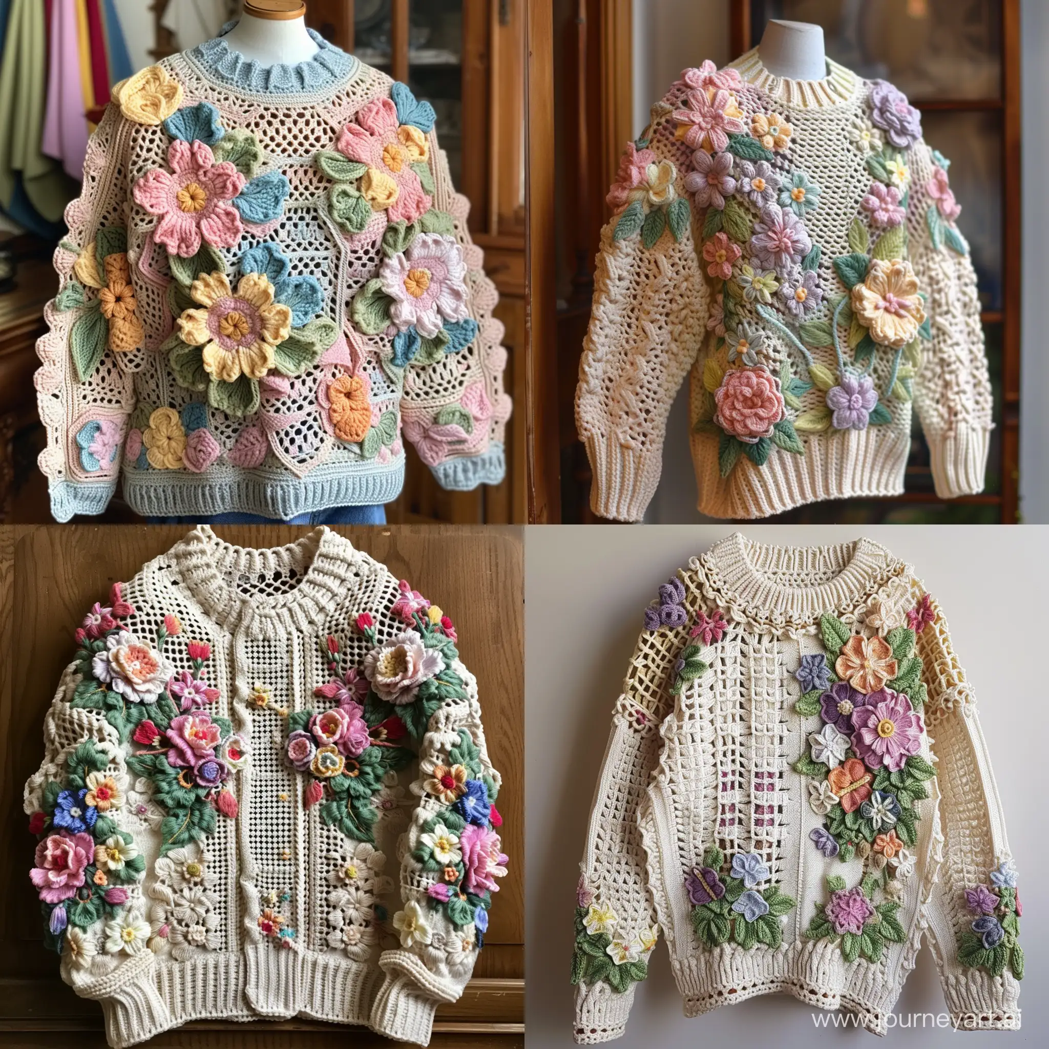 Crocheted pullover, Irish lace, floral motifs, intricate grids, delicate pastel colors
