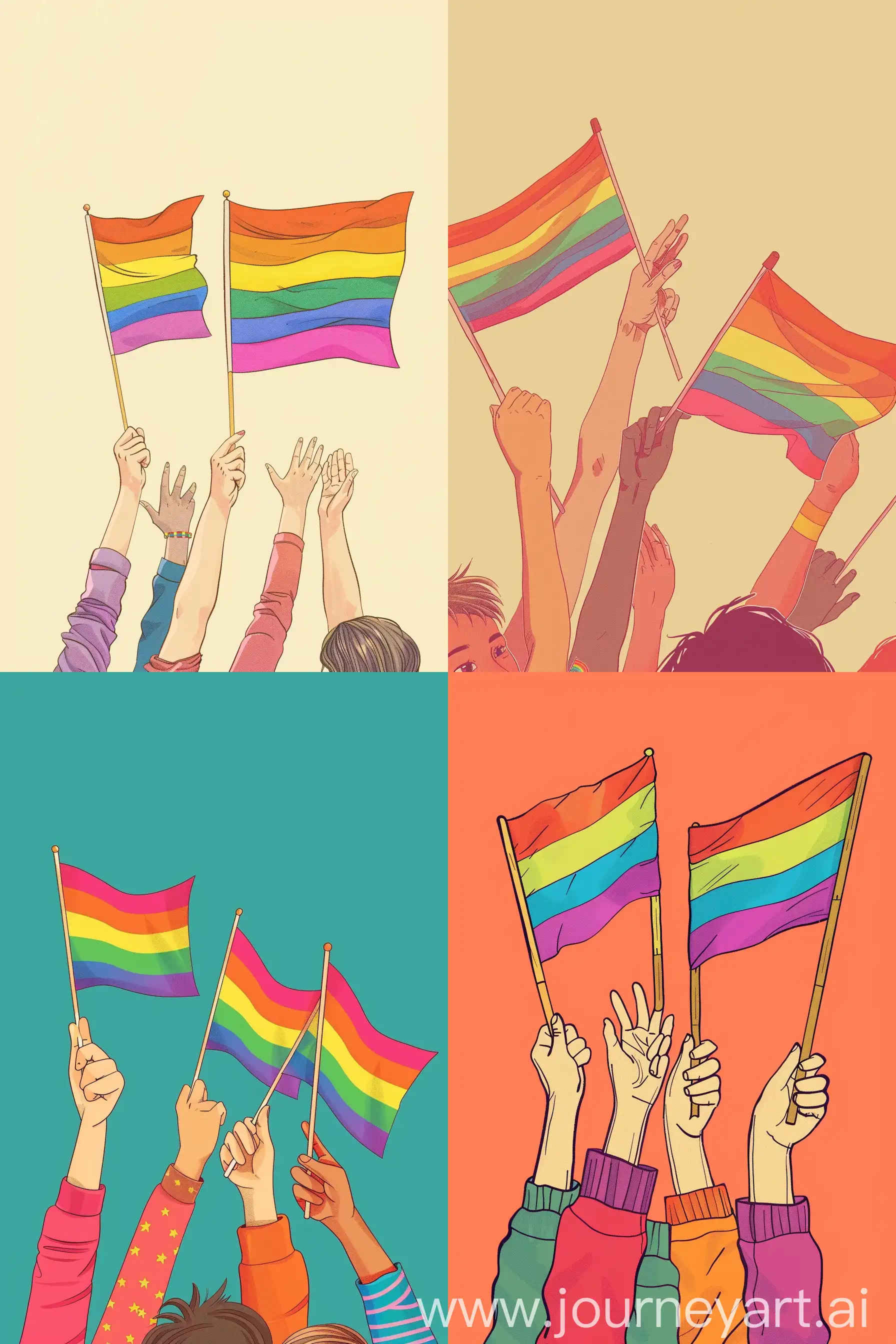color photo of: a group of children's hands waving rainbow flags, in a minimalist and graphic illustration style. The hands are varied in size and skin tone, creating a diverse representation. The rainbow flags are vibrant and dynamic, with bold, clean lines. The composition is simple yet impactful, focusing on the unity and joy of the children's gestures. The background is a solid color, providing a clean and uncluttered canvas for the illustration. The overall aesthetic is contemporary and visually striking, capturing the essence of the "Queer Families in China" media account. —c 10 —ar 2:3