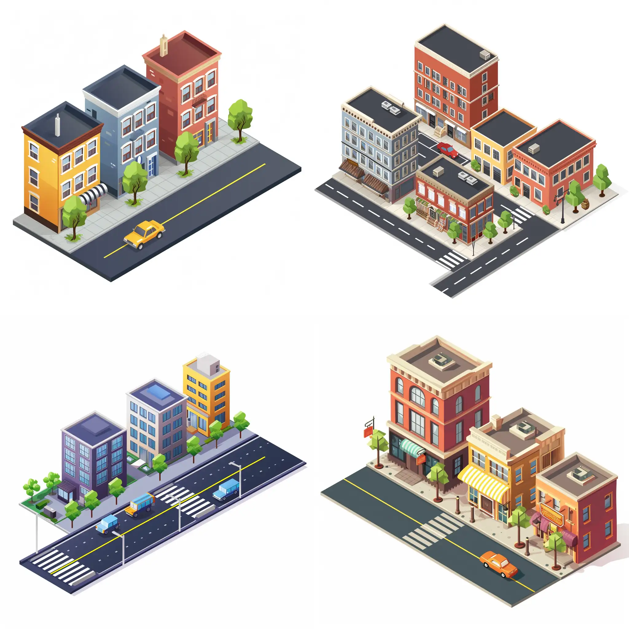street with urban buildings in isometric vector minimalistic style