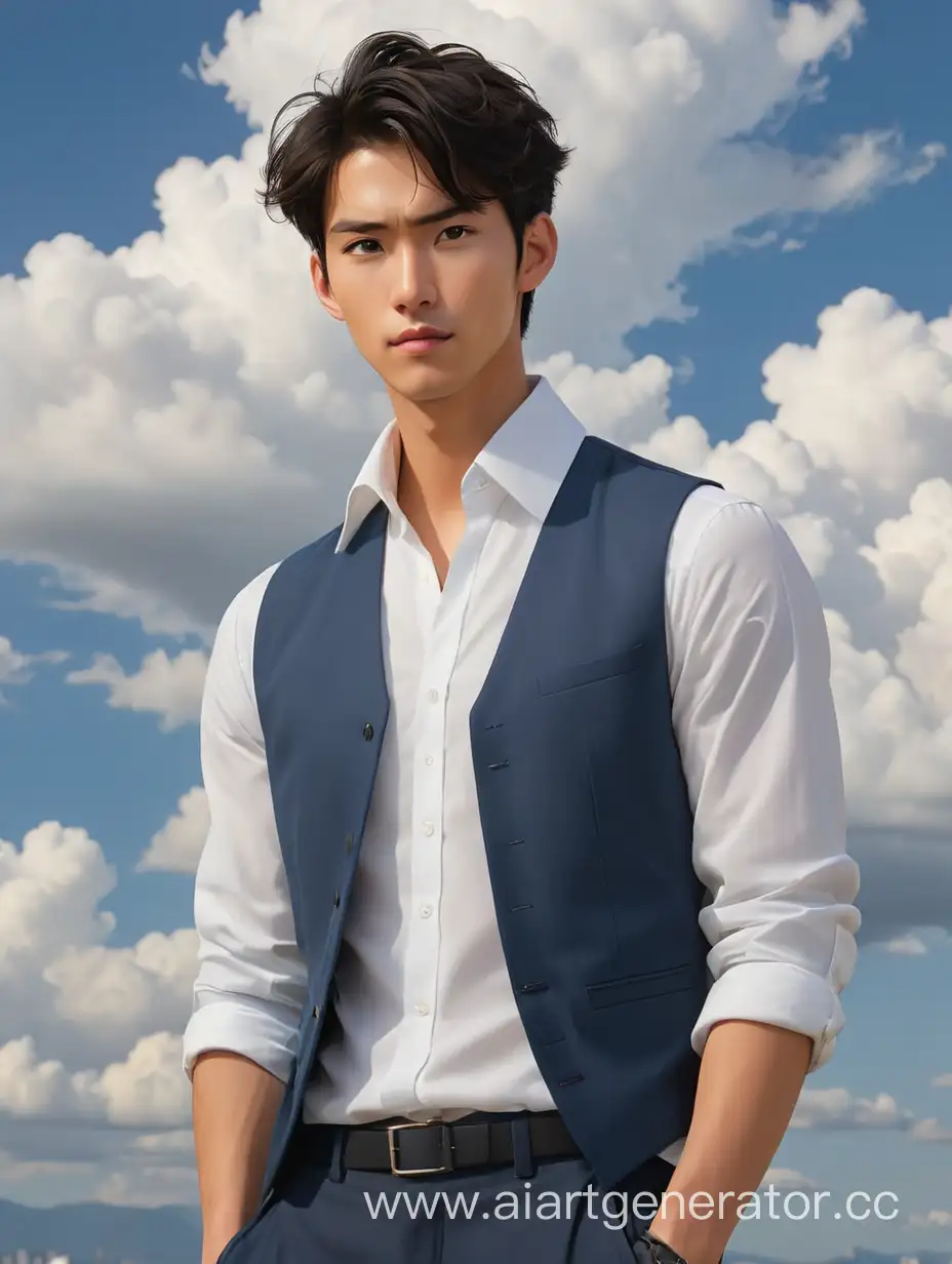 высокий, стройный, темноволосый парень, светлая кожа, в деловом стиле, от него веет корейским вайбом, одет в белую рубашку,рукава закатаны ,на нем синяя жилетка,черные штаны ,его лица не видно  .вместо них облака