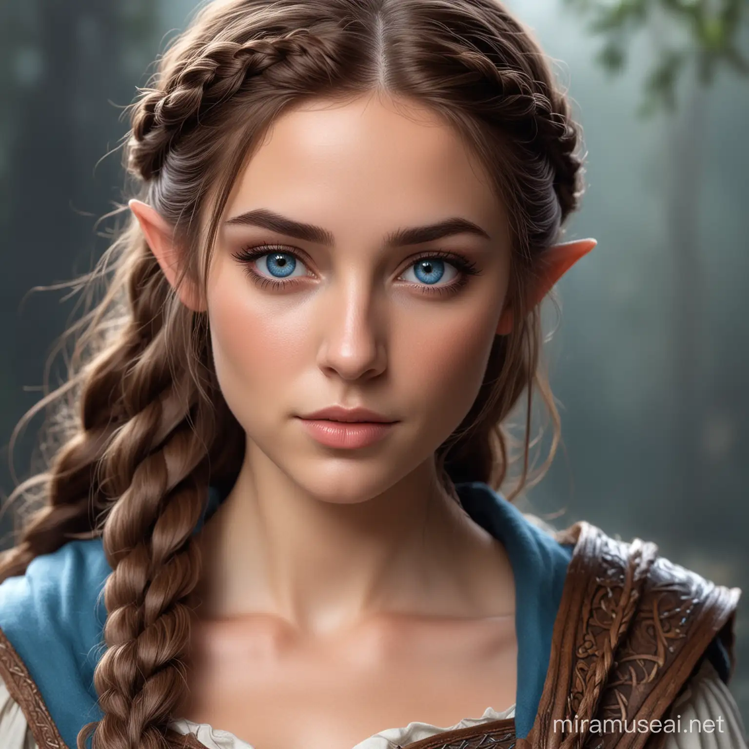Beautiful Femal Half Elf Bard with braided brown hair and blue eyes