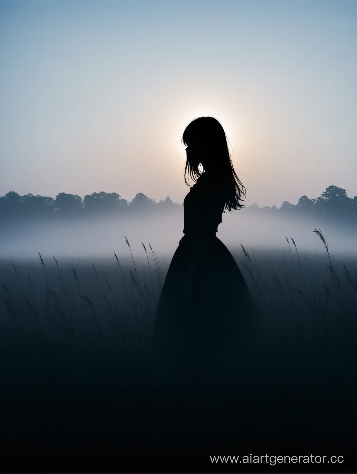 Silhouette-of-a-Girl-Embracing-Misty-Serenity-in-a-Field