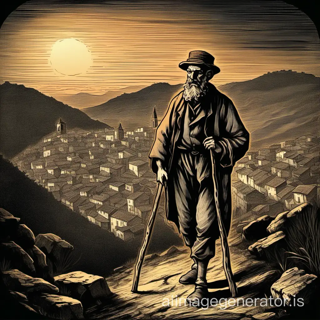 a poor man travels with a stick in hand. He has a beard. 19th century. sunset and the town of Digne in the background, dark atmosphere, engraving style