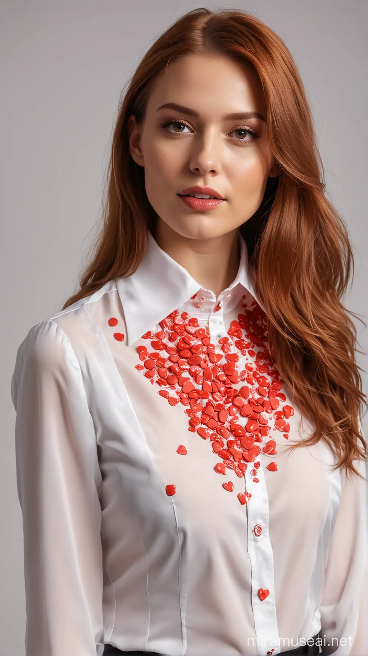 Realistyc color scene brested women as elegant secretary focus face ginger long hair

shinig satin white blouses on material whit a stiffened collar, great attention to additional elements such as seams, hold in hand  red-transparent shapes of hearts  material texture covered by slime goo well-lit composition, bright background, focus on face in sensual smile slime goo on her full body pose