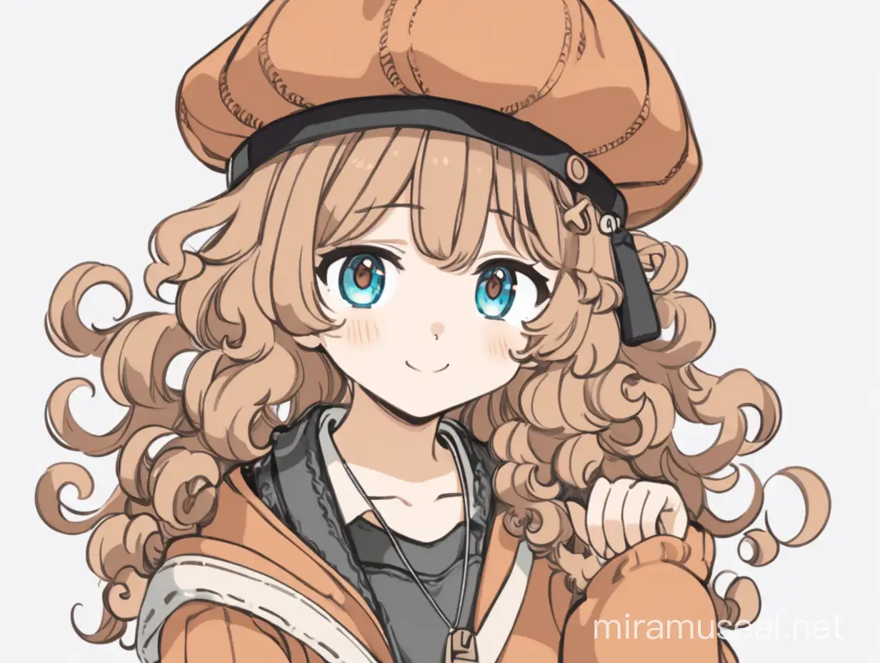 cute anime girl with curly hair wearing a beret