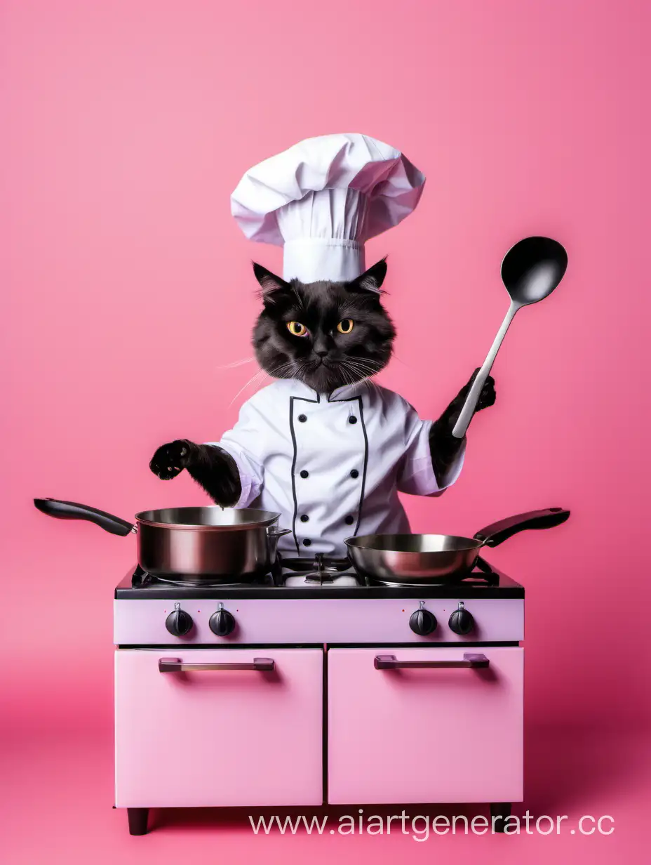 Кот повар готовит еду на плите на розовом фоне