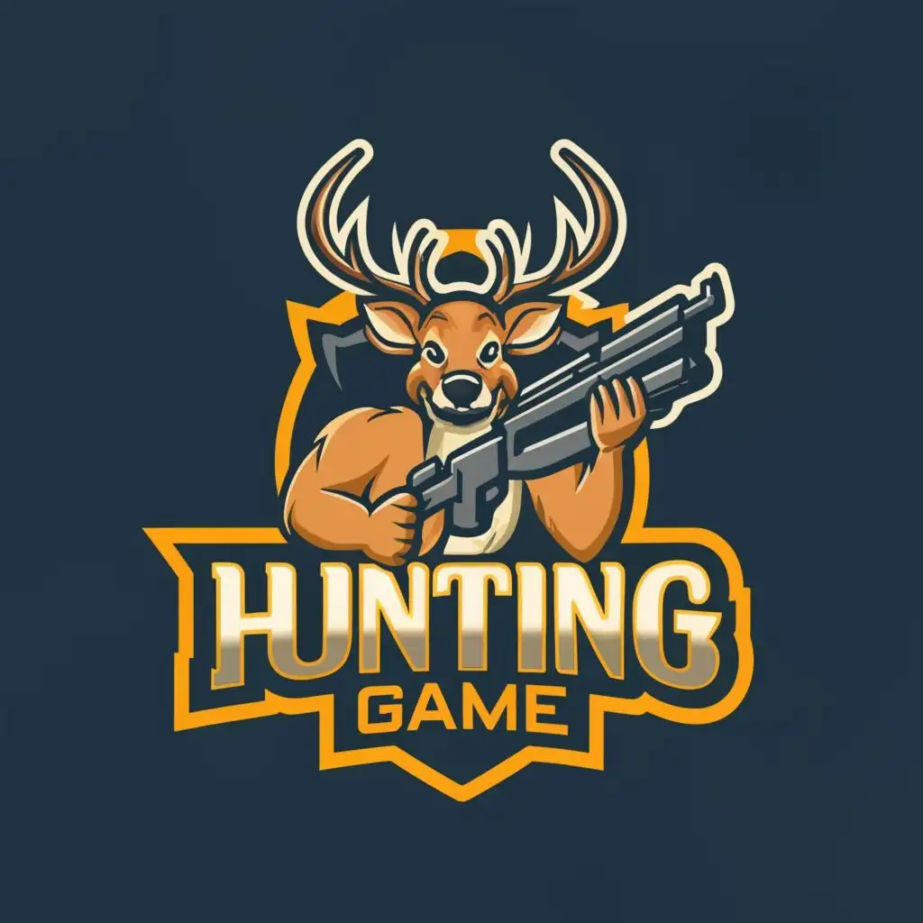 logo, deer holding gun mascot, with the text "hunting game", typography, be used in Animals Pets industry