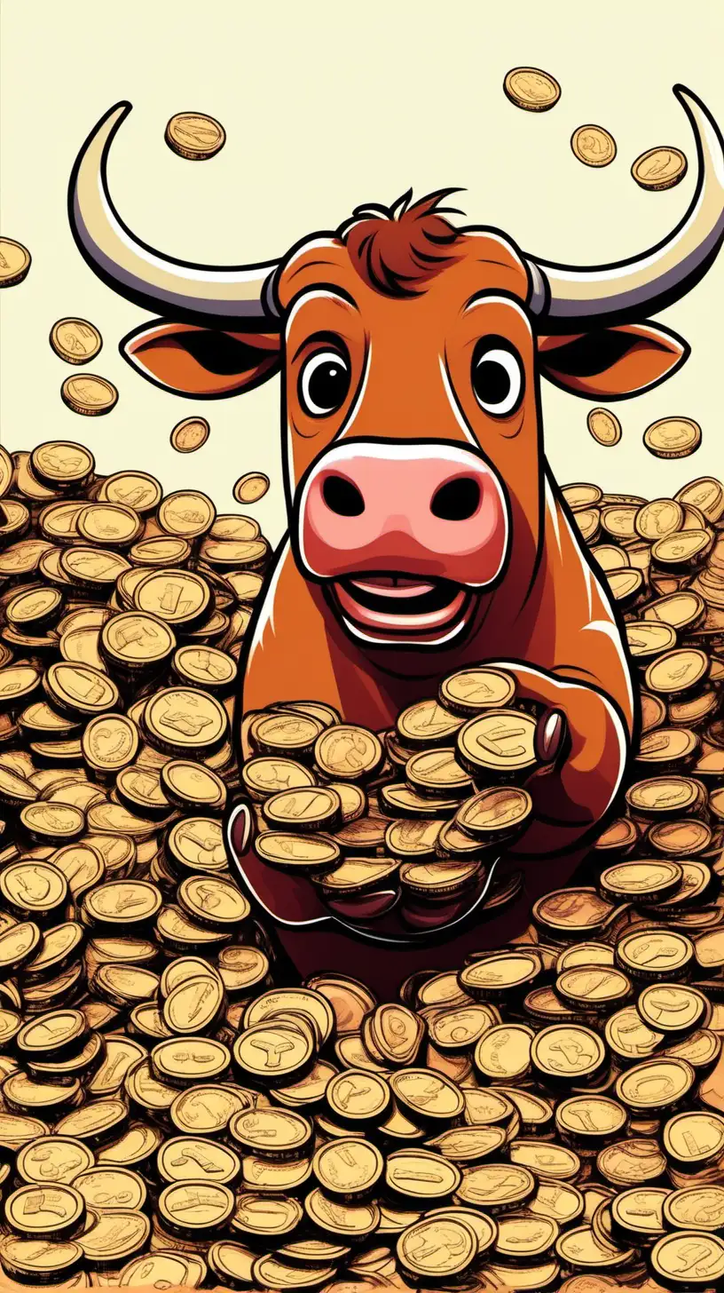 cartoony,  color.  A bull with human hand holds some  pennies.  He's in love with them