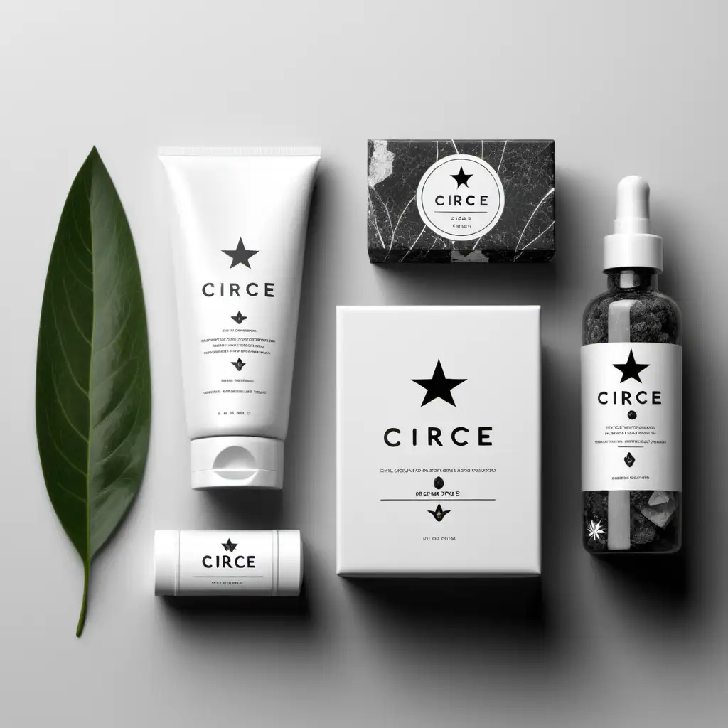 i need a brand identity including a logo. the brand name is circe. the brand is a all natural skincare products. the products contain medical plants and natural stones. the packages will be simple bold and natural. mostly in black and white and add green as a color. in the designs there can be flowers small stars natural stone resembling illustrations some leafs