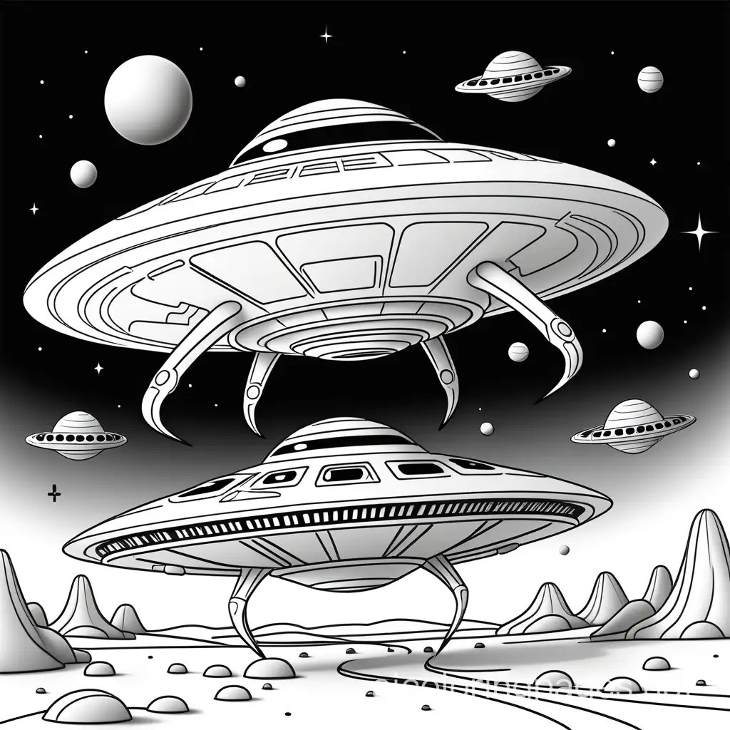 alien spaceships, Coloring Page, black and white, line art, white background, Simplicity, Ample White Space. The background of the coloring page is plain white to make it easy for young children to color within the lines. The outlines of all the subjects are easy to distinguish, making it simple for kids to color without too much difficulty