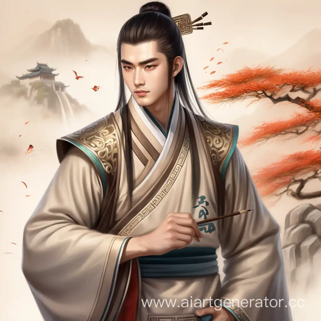 Ancient Chinese young handsome guy drawing art