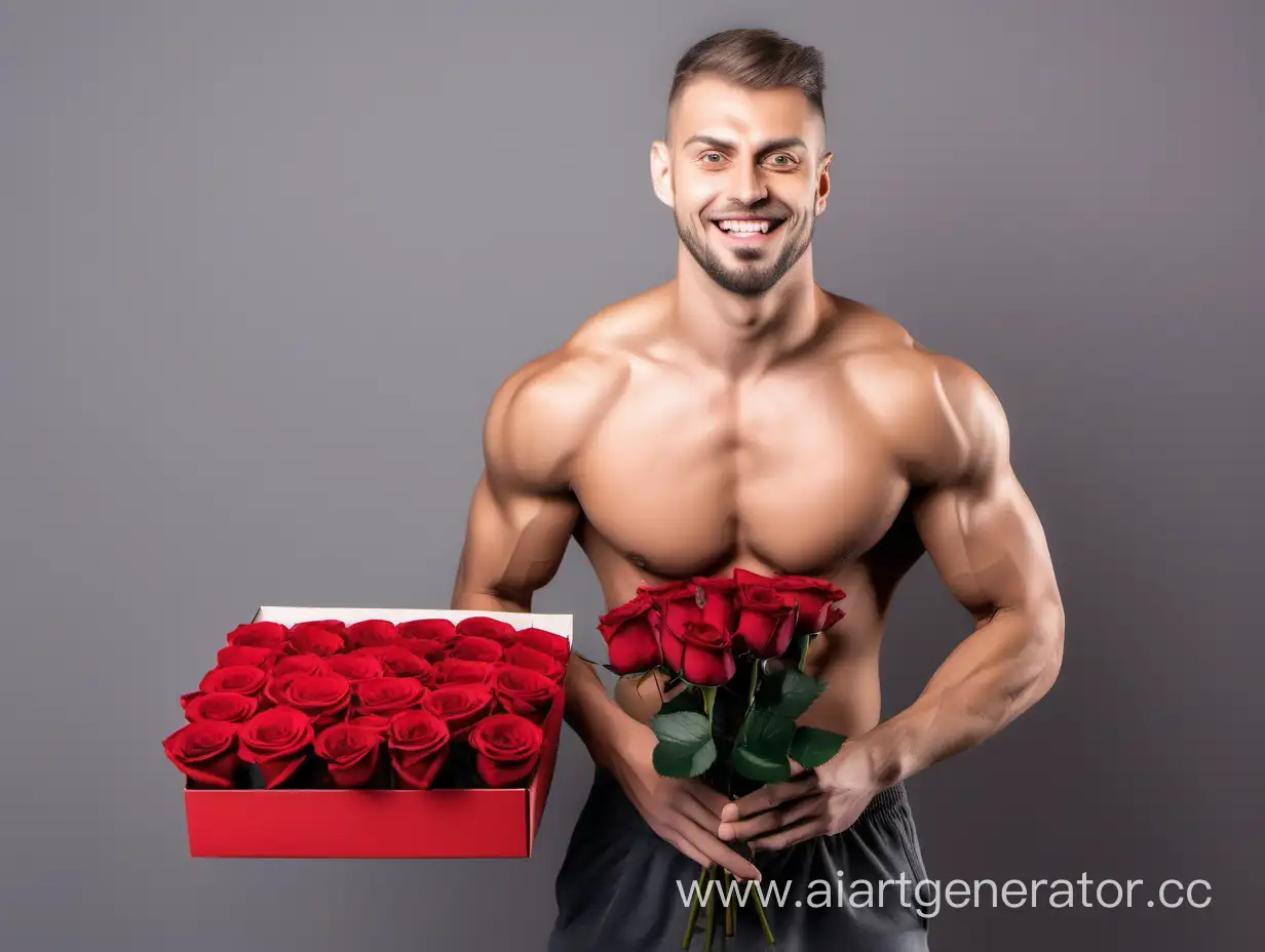 Athletic-Romance-Shirtless-Man-with-Rose-Bouquet-and-Chocolates