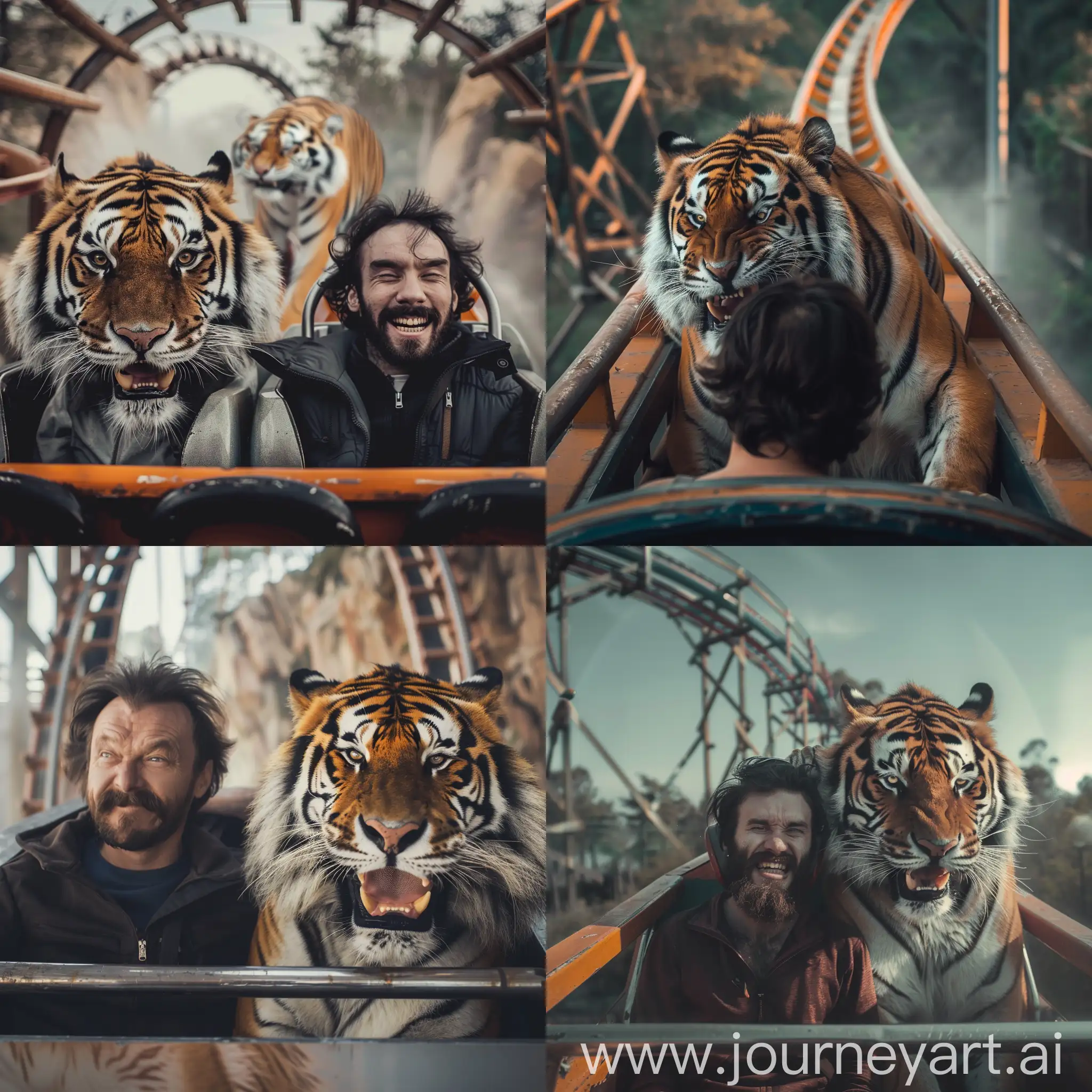 Scared man sitting in a rollercoaster next to a smiling tiger