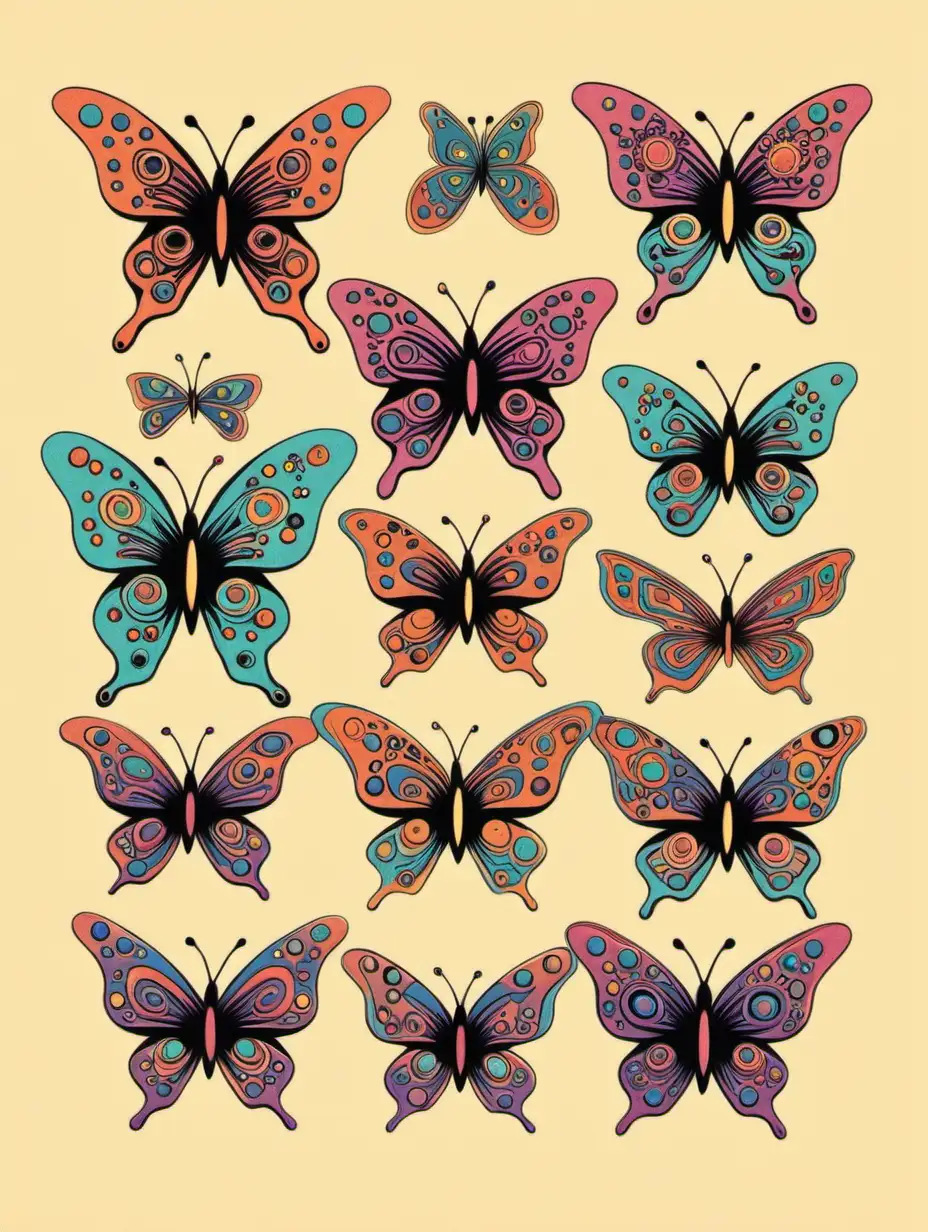 Hippie minimal retro psychedelic butterflies drawing