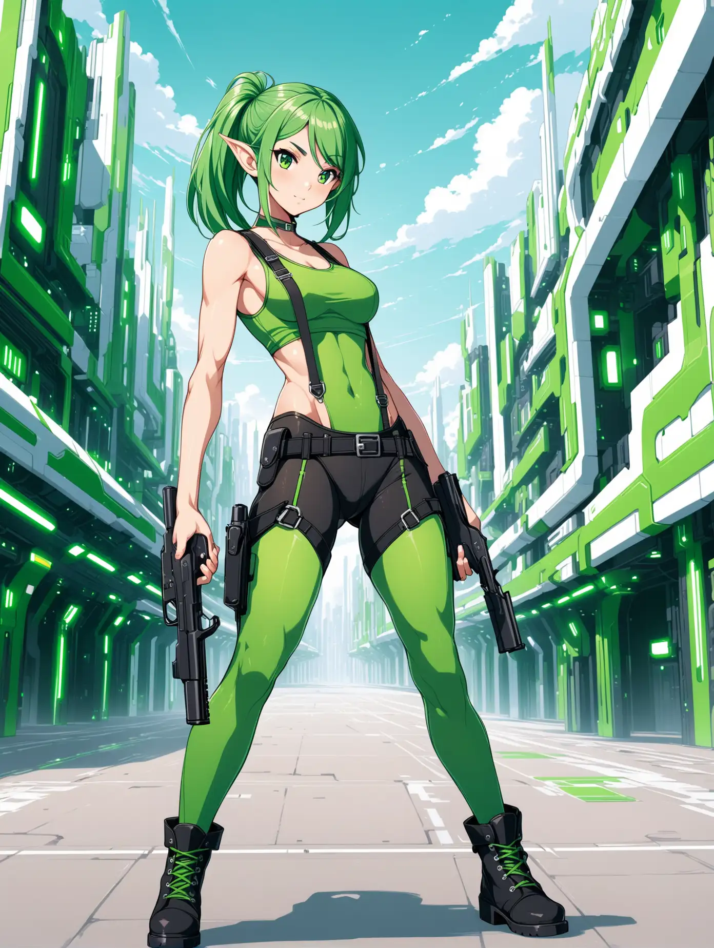 sexy fit 24 year old hero girl, side shave green hair, green eyes, elf ears, posing with handguns in futuristic town, super skinny toned body, short green tank top, sexy midriff, wearing suspenders, green tights, holsters on each thigh, combat boots, green black white 3 color minimal design
