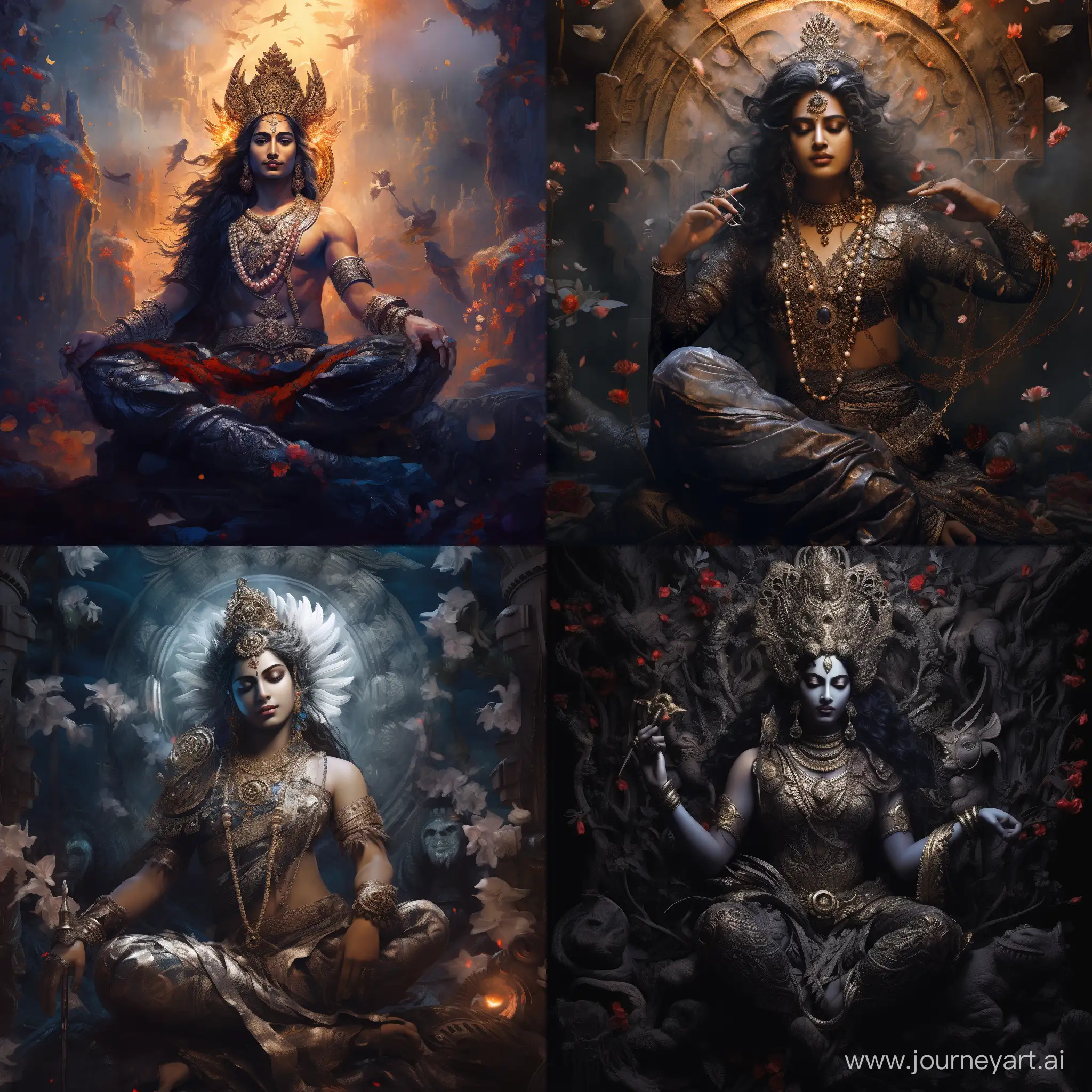 the Indian Hindu god of dreams in a land of dreams with dark undertones and epic lighting, detailed