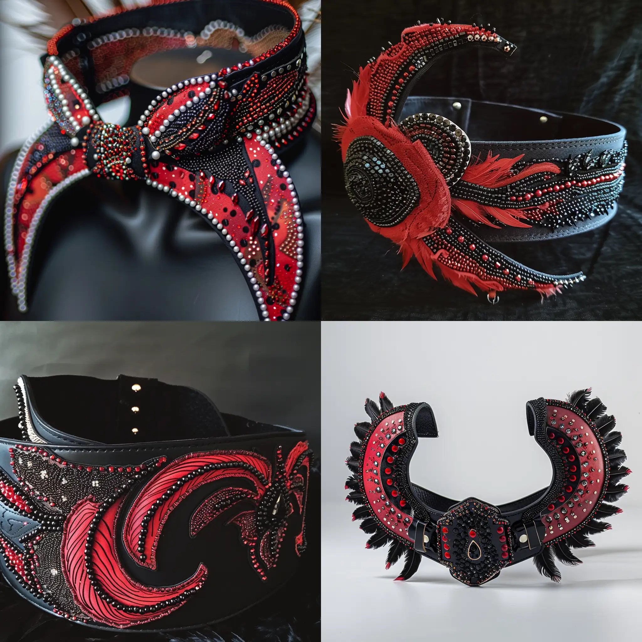 Heavy-Duty-Red-and-Black-PipaShaped-Fashion-Belt-with-Beading-and-Feathers