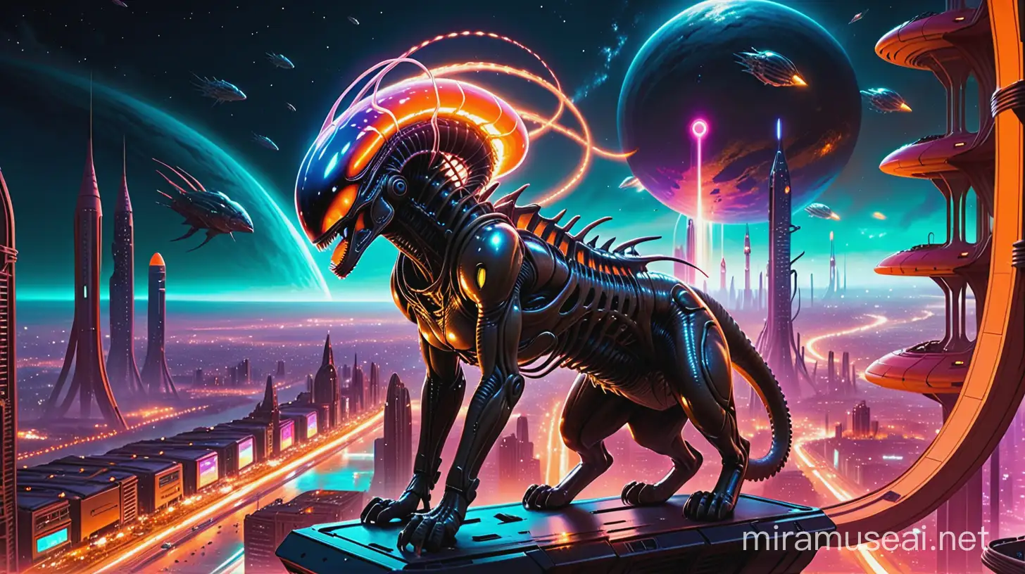 Alien Queen Xenomorph looking down on an orange-colored cat amidst a stunningly beautiful, densely lit, neon red colored futuristic bio mechanical, alien city with incandescent lightning and multicolored explosions across a gorgeous starlit night sky filled with many spaceships and lens flares.


