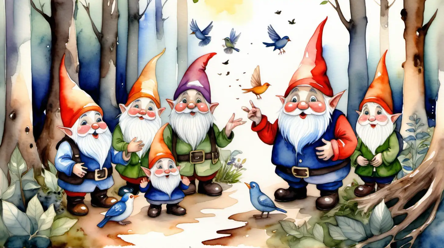 Watercolour fairy story. A Gnome family  listening to Birds in a forest singing


