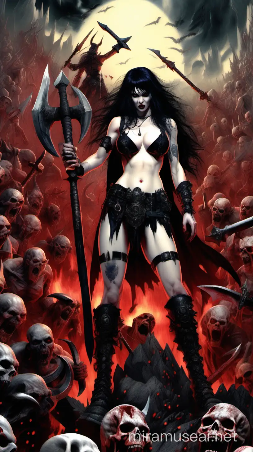 A pale skinned voluptuous Goth female warrior with black hair scantily clad and topless with large breasts holding a battle axe on top of a mountain of bloody skulls surrounded by demons in hell.