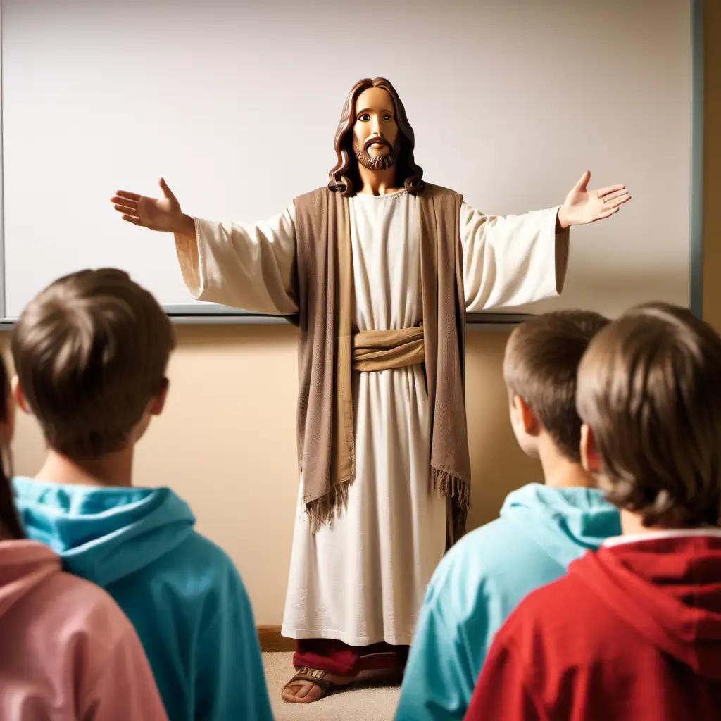 Picture of Jesus from behind teaching teenagers about his love, who are dressed in today's clothes while facing him