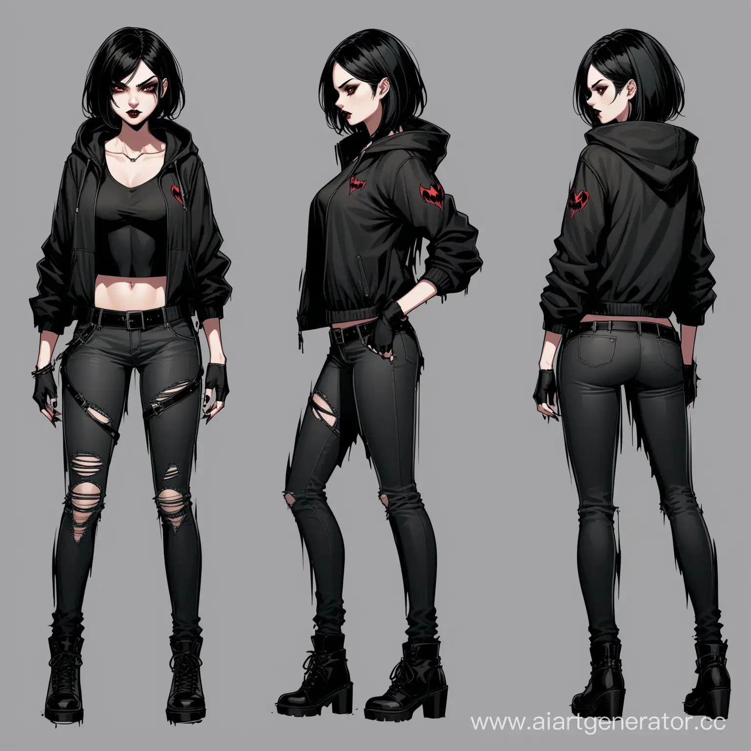Solo, official art, vampiress, reference sheet, black skin girl with short black hair, indifferent face, full-length, beautiful face, drawing, digital art, ultra hd, multiple views, modern clothes, black ripped jeans, black windbreaker, belts, badass girl, cool girl