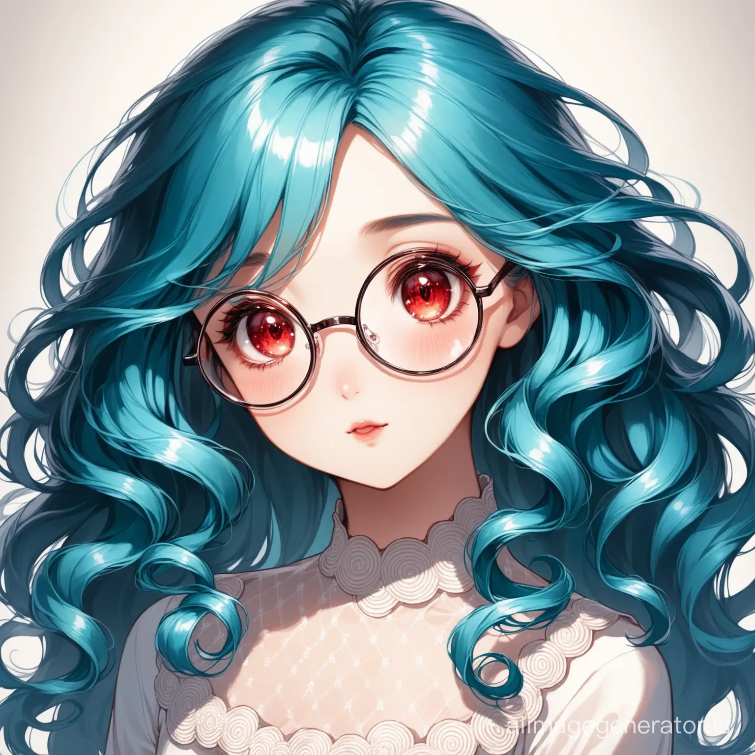 A girl with blue hair, her hair shimmers in red, she has red eyes, with big round glasses, in a beautiful black and white dress, her hair is a little curly