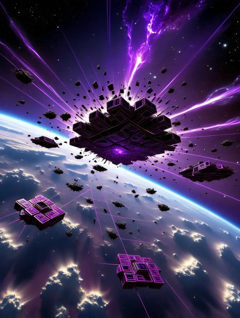 a giant rift in space which out of flies a dark flattened array of irregular connected blocks, highly detailed tiny antennas off every surface, spaceship that is squared and irregular with purple clouds swirling around it