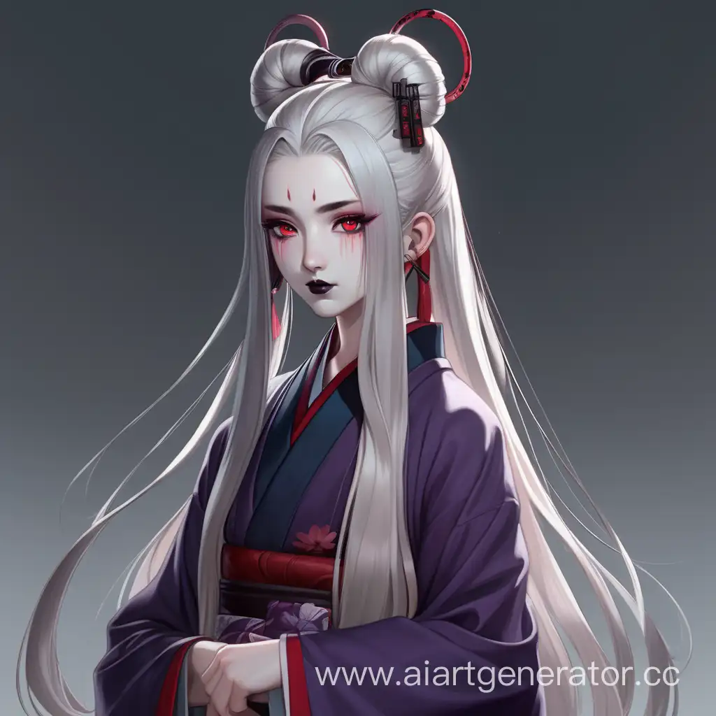 a young woman with white, straight long hair that curls slightly inward at the ends, dark horns like a hairpin for her bun from behind, pale red eyes, goddess of life, dressed in Japanese clothes, dark lipstick, she herself is the personification of the bloody tundra, full height, pale red, dark purple, pale turquoise are present in the color palette and drops of blood
