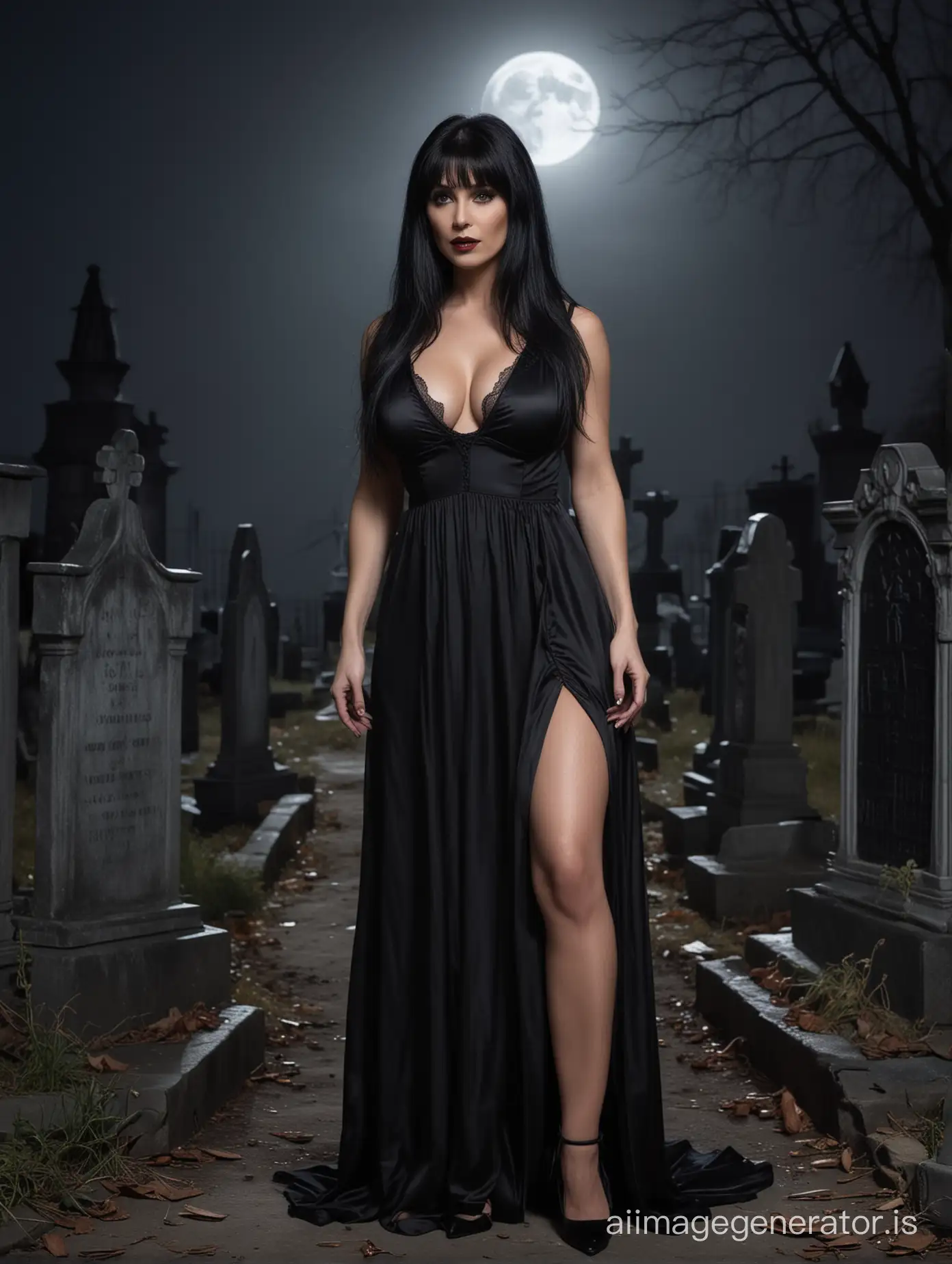 full length, sexy, busty, big-breasted, cleavage,  mature,   vampire woman, long black hair, bangs, wearing long sleeveless  black nightgown and high-heel shoes, standing in a dark spooky graveyard at midnight