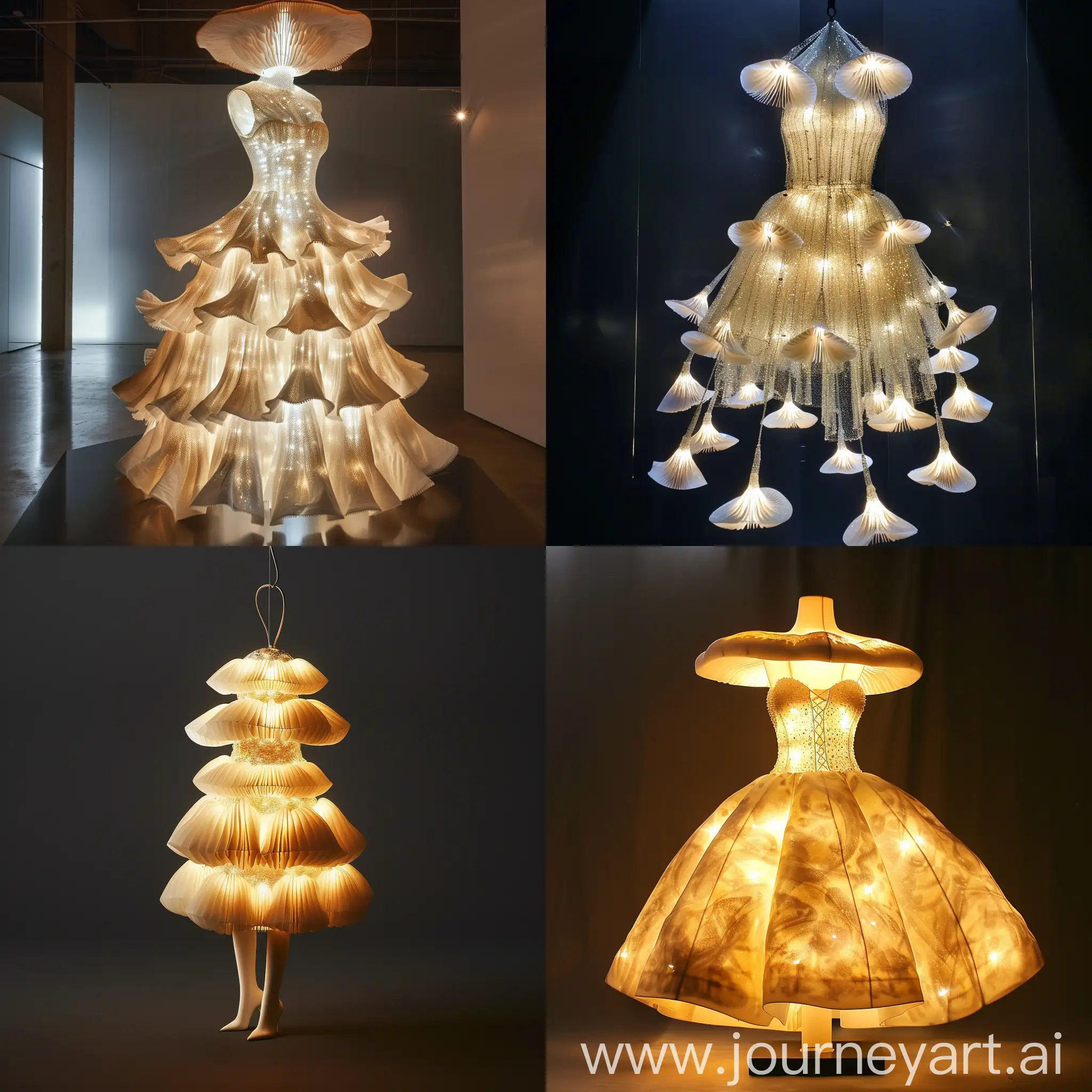 dress made of a mushroom light inspiared by sou fujimoto style celling art 