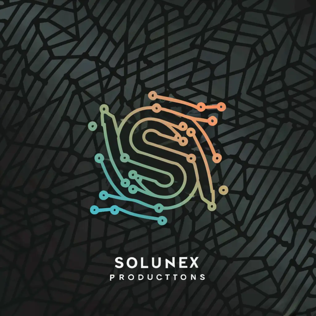 a logo design,with the text "solunex
productions
", main symbol:the letter S with a font.,complex,clear background