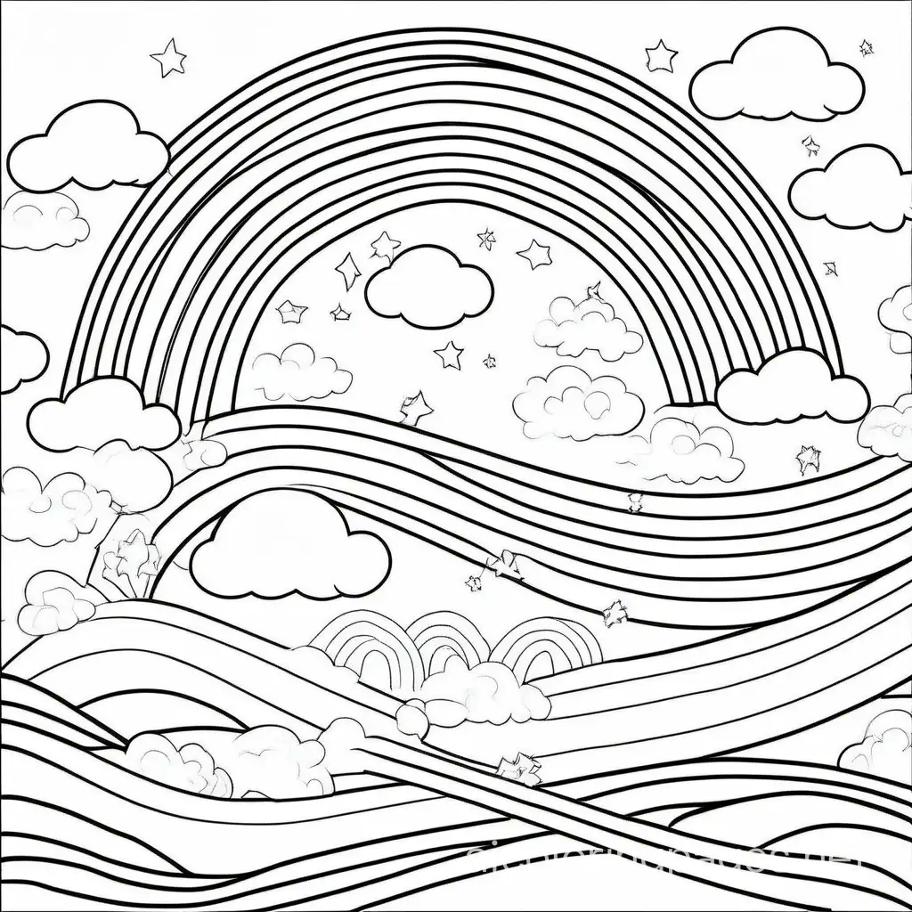 rainbow in the sky, Coloring Page, black and white, line art, white background, Simplicity, Ample White Space. The background of the coloring page is plain white to make it easy for young children to color within the lines. The outlines of all the subjects are easy to distinguish, making it simple for kids to color without too much difficulty