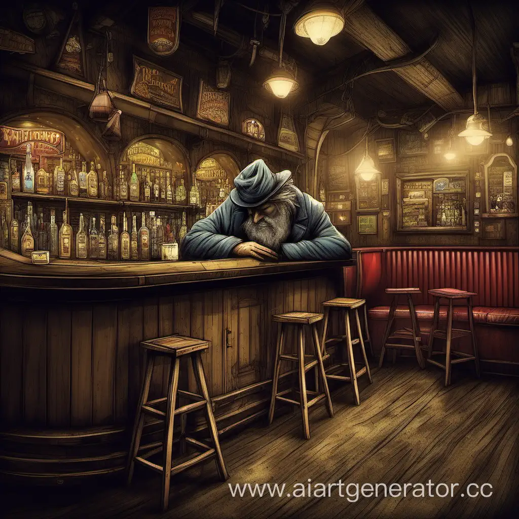 A sleeping tramp in a fantasy bar