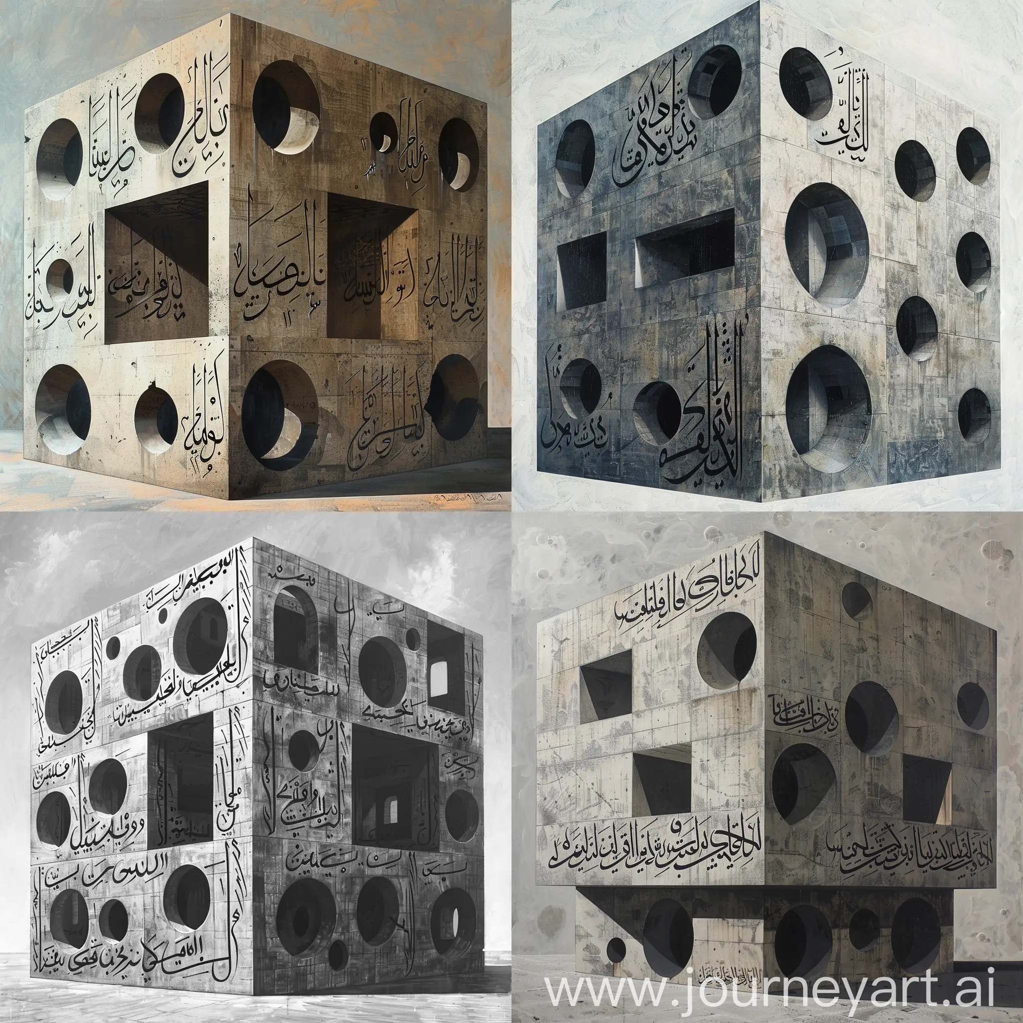 persian calligraphy aroun a cube building, with several round windows-- real picture