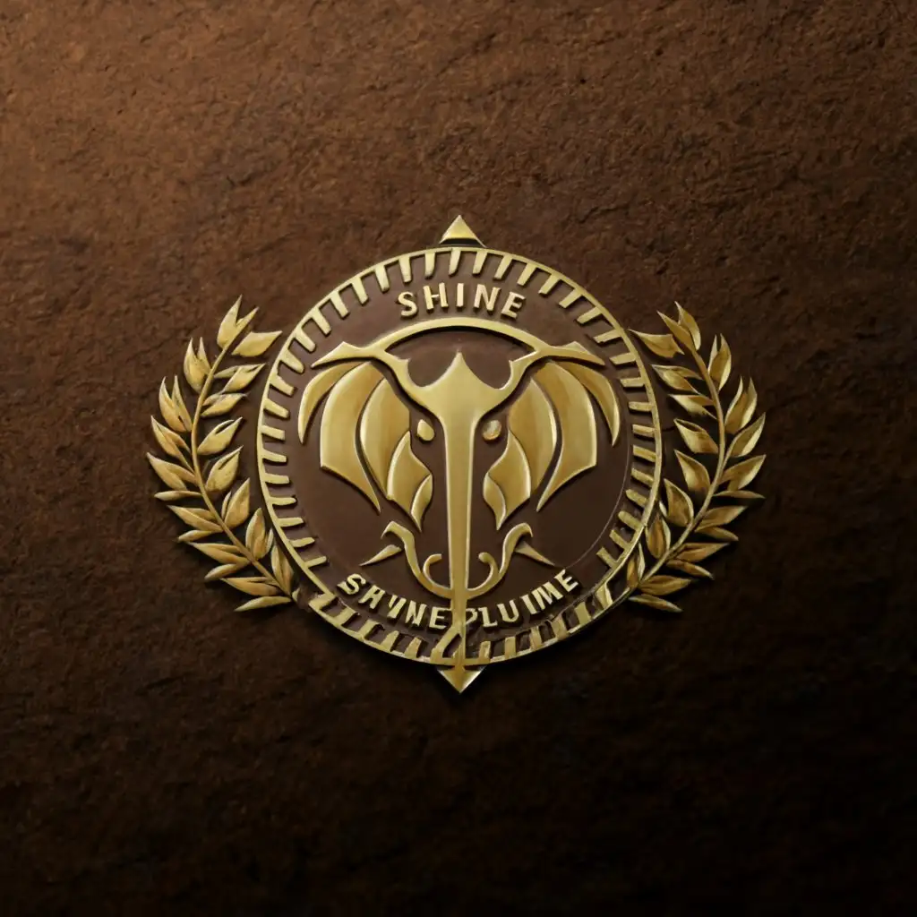 a logo design,with the text "Shine Plume", main symbol:Name : Shine Plume
Main Logo concept : Elephant Head Bravery Medal
Composite symbols : Double Plume
Background : Brown,complex,be used in Automotive industry,clear background