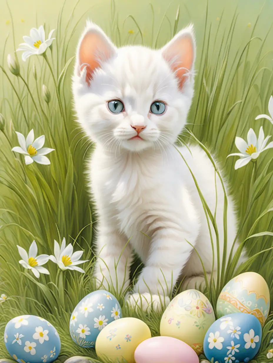 in the style of beatrice potter a white kitten with easter ages in spring grasses and flowers
