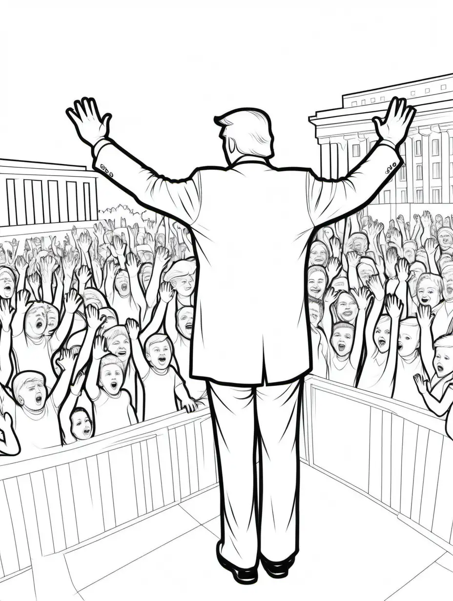 Kids coloring page, b&w lineart, simple, outline, white background, realistic Donald Trump waving at a crowd