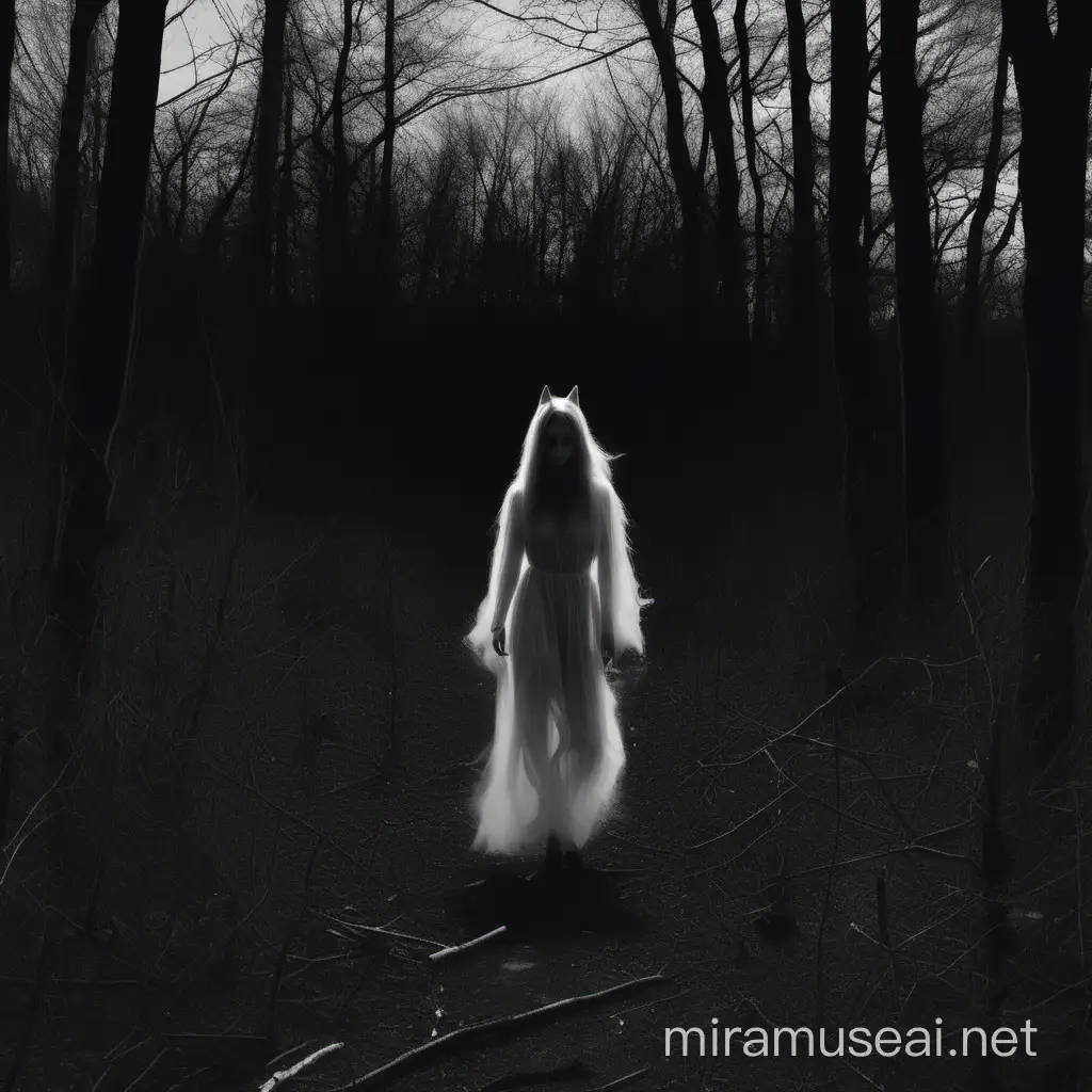 body horror fox girl walking in the woods late at night with long hair, horror aesthetic , black and white, infrared trail cam footage