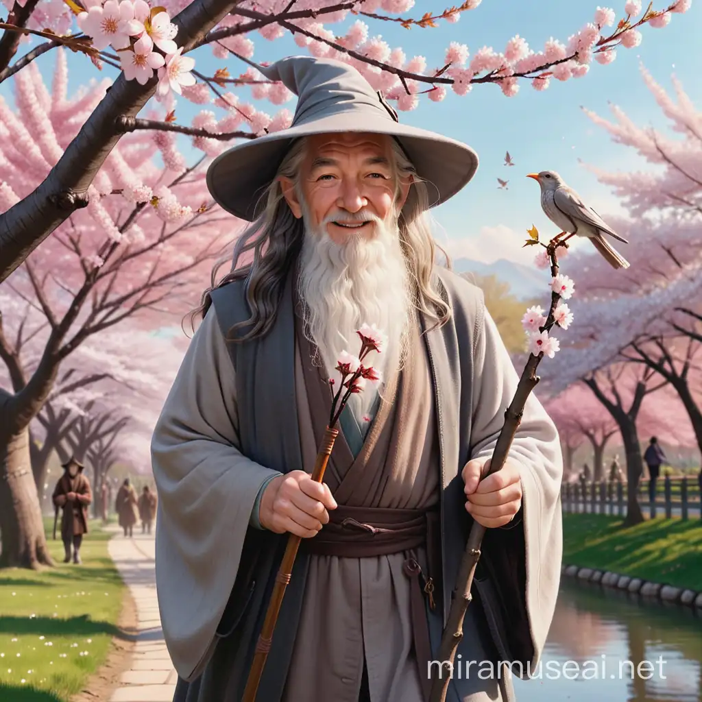 Gandalf Smiling by Cherry Blossom Tree with Staff and Birds