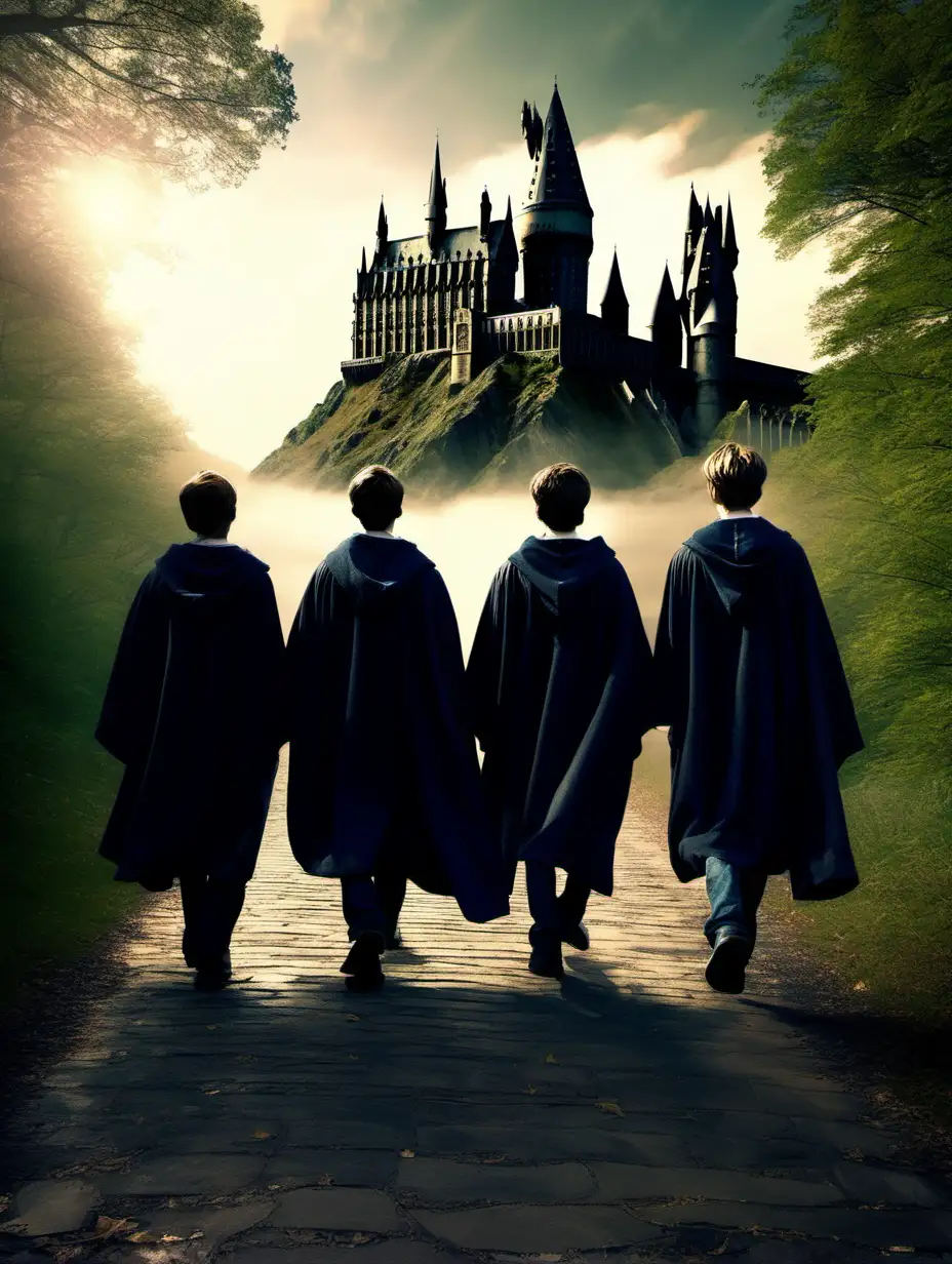 Hogwarts magic. marauders. 4 teenage boys walking toward Hogwarts wearing cloaks. Back turned to us. Beautiful scenery. They are far away. 