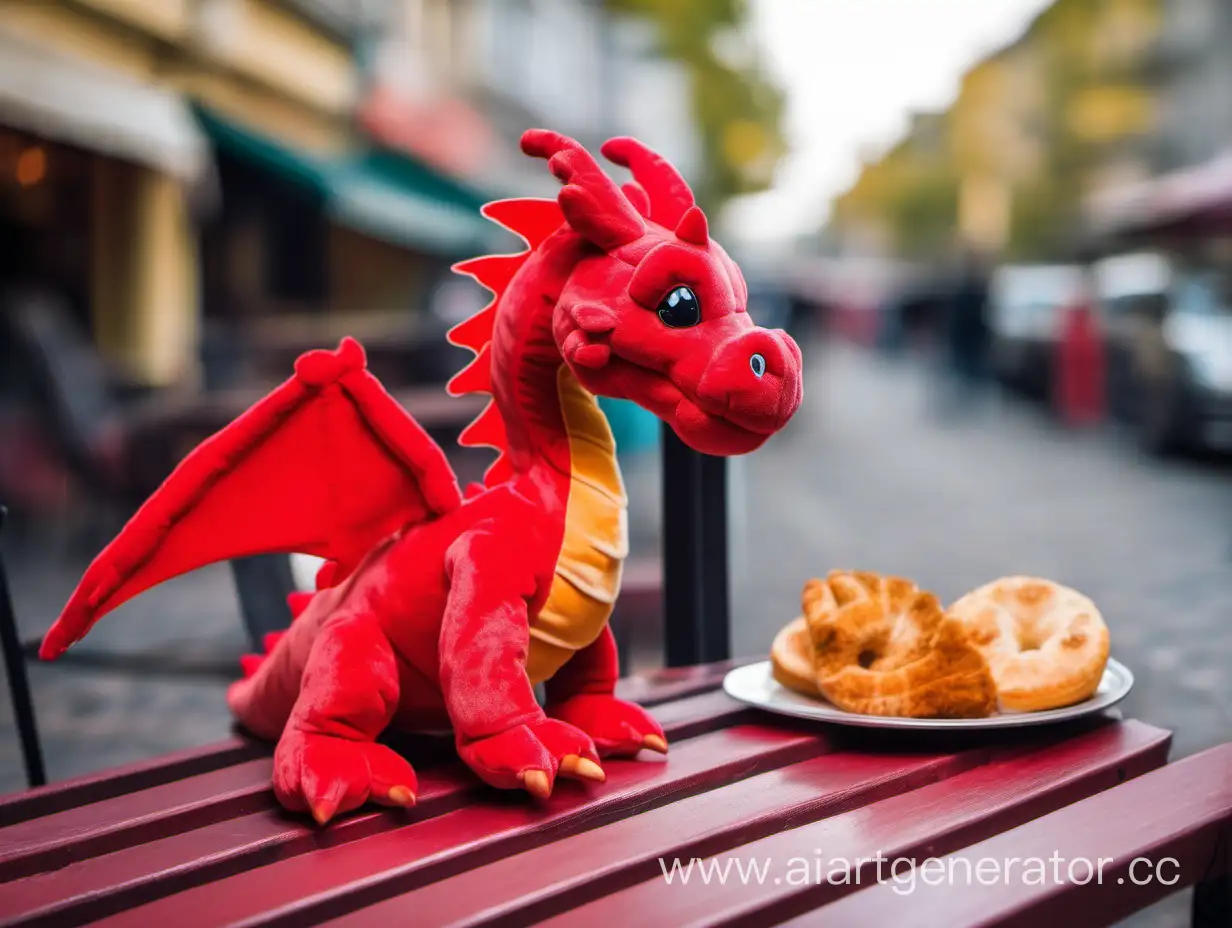мягкая игрушка красного дракона на столе уличного кафе