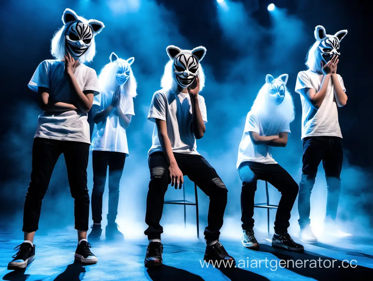 на сцене в синем свете сидят 4 подростка, трое из них в белых футболках, четвёртый в чёрной, на всех маски животных, на сцене туман, на фоне "Исповедь"