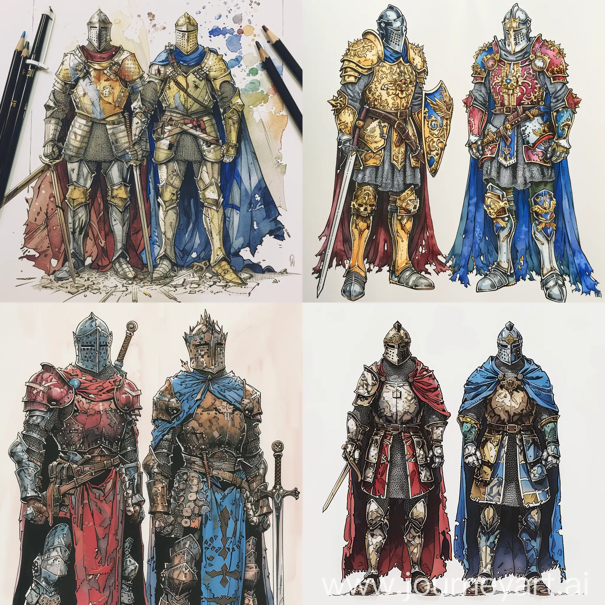 Make the a image of a EXTREMLY DETAILED medieval themed colored MANGA of 2 knights standing side by side