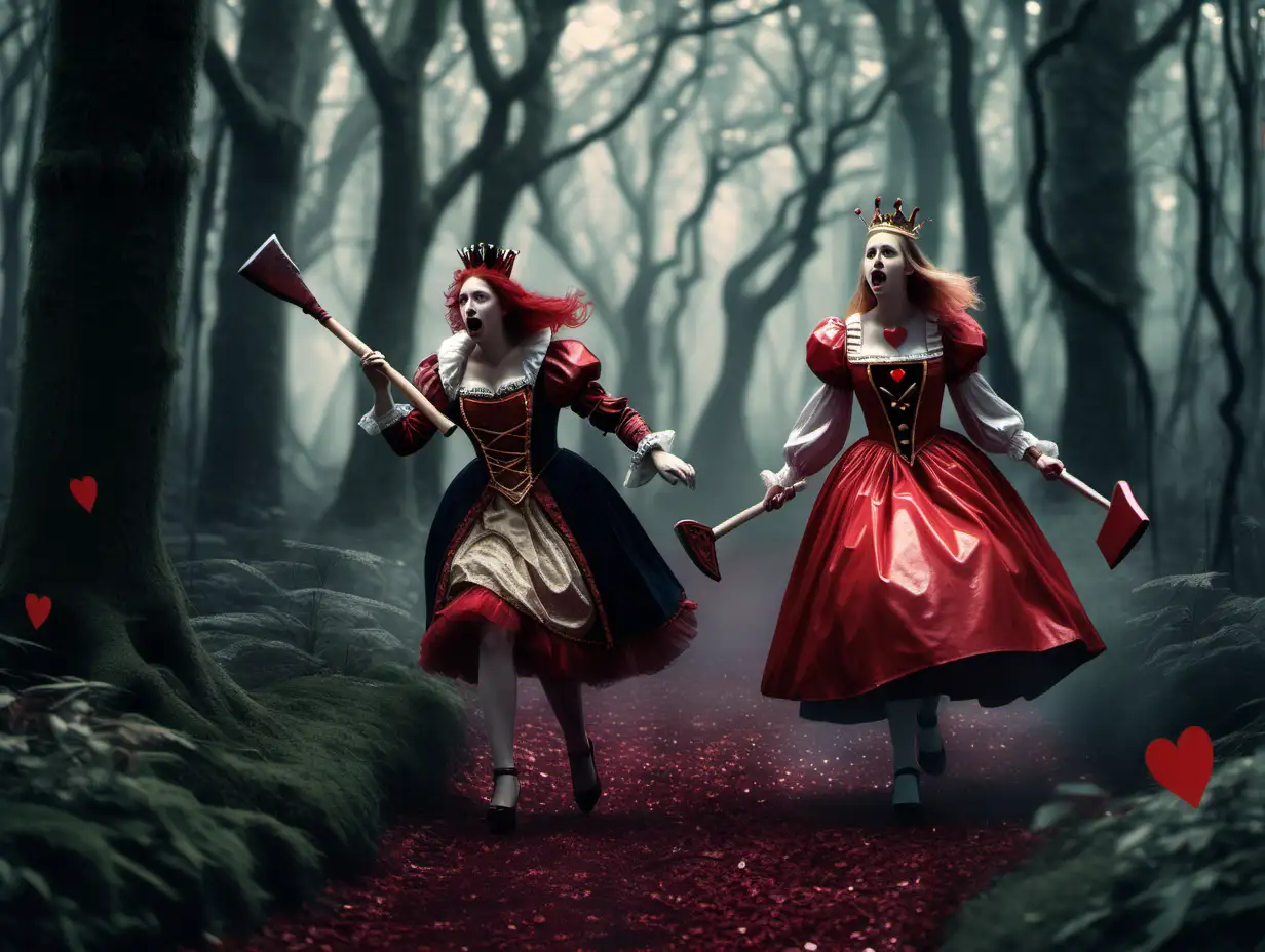Queen of Hearts chasing Alice with an axe in an enchanted forest