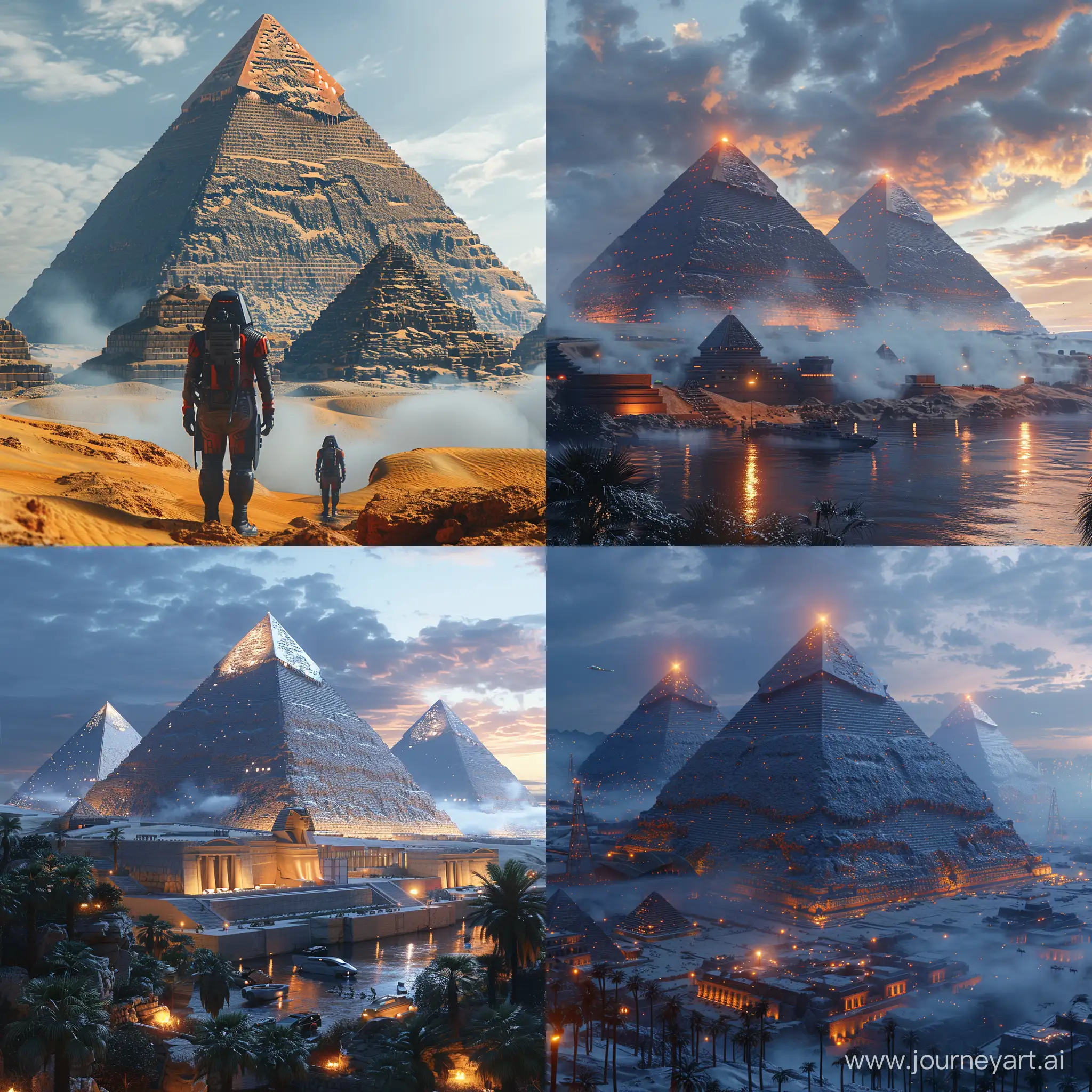 Futuristic sci-fi high-tech Egyptian pyramids, ideal postcyberpunk, octane render --stylize 1000