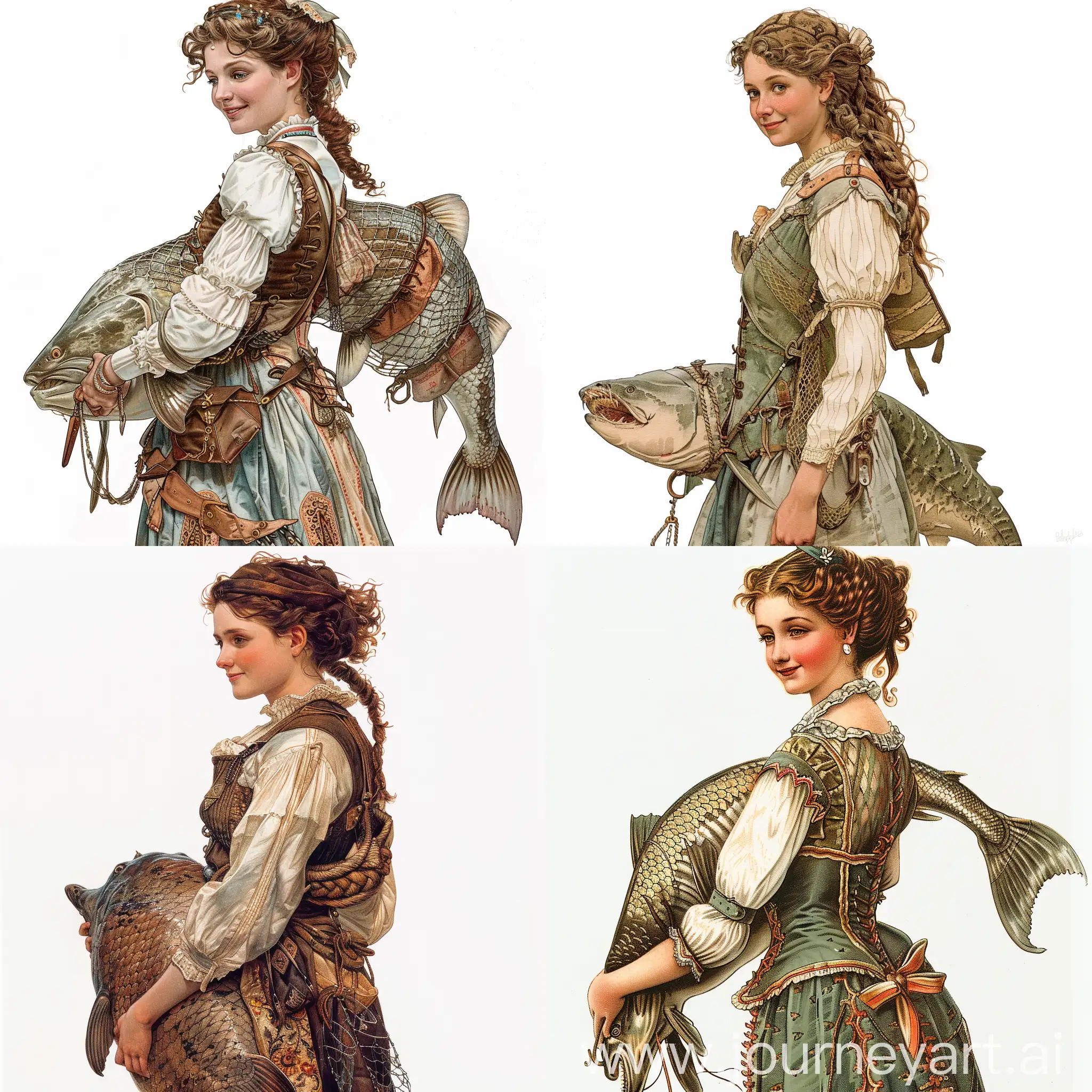 Beautiful woman, waist-length portrait in profile, slightly smiling, in antique fishing clothes, lots of details, holding a large sturgeon under her arm, white background, illustration, Gustav Robert Hegfeldt style